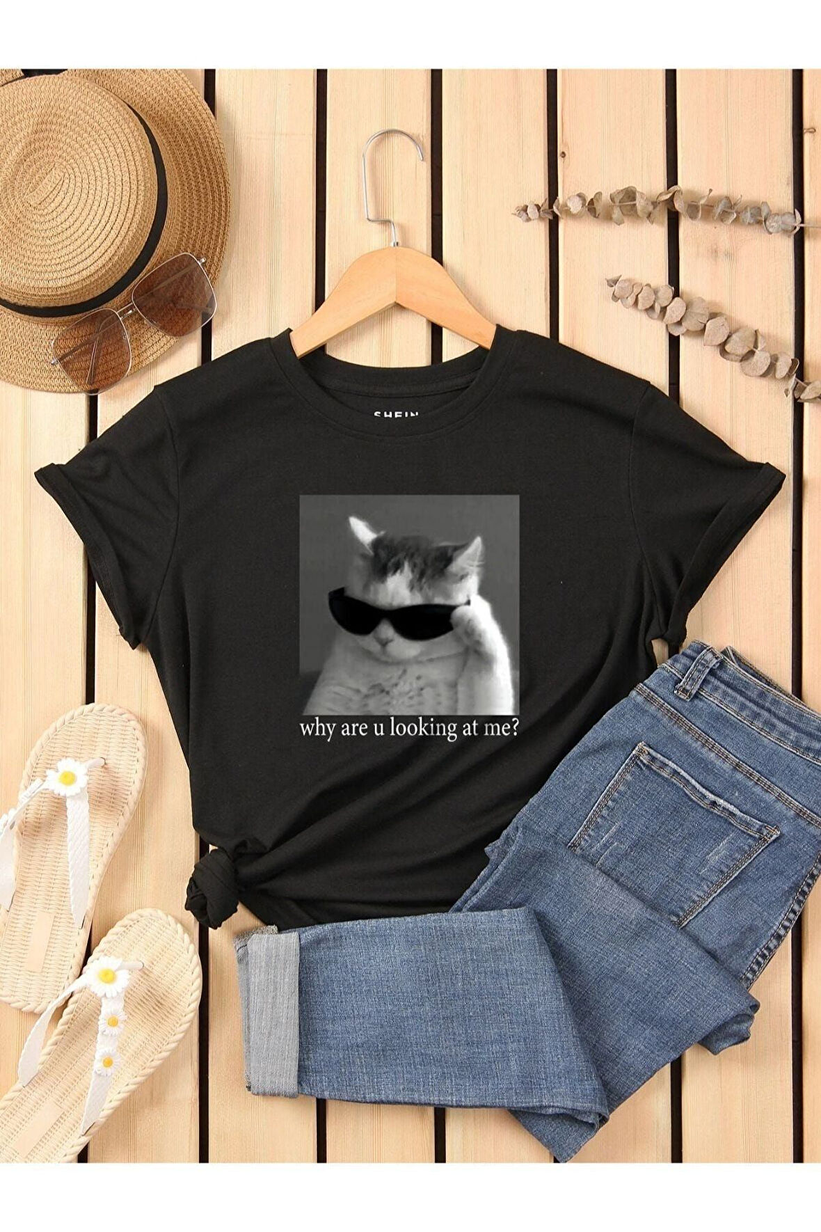 Unisex Kedi Gözlük Baskılı Oversize T-shirt