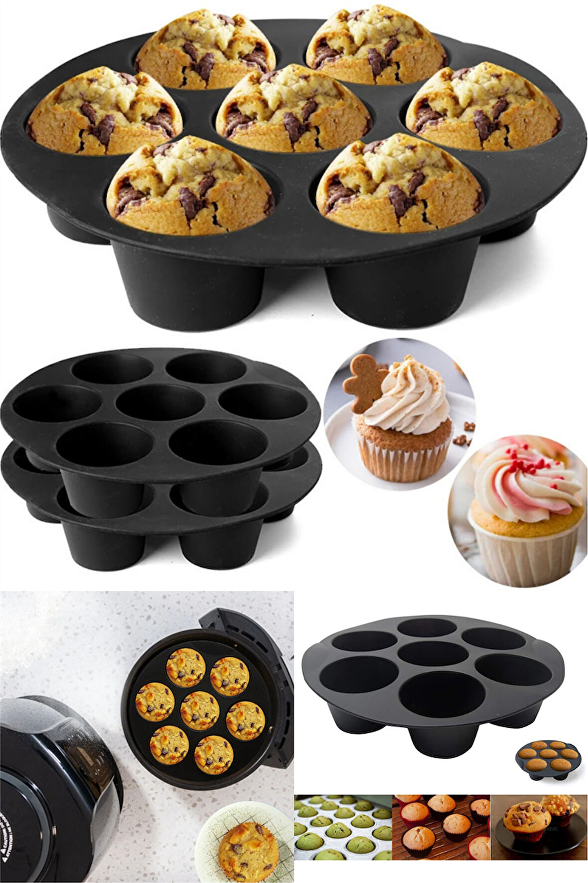 Siyah Silikon Airfry Kek Pişirme Kalıbı Tüm Airfryerlara Uyumlu Muffin Pişirme Kabı