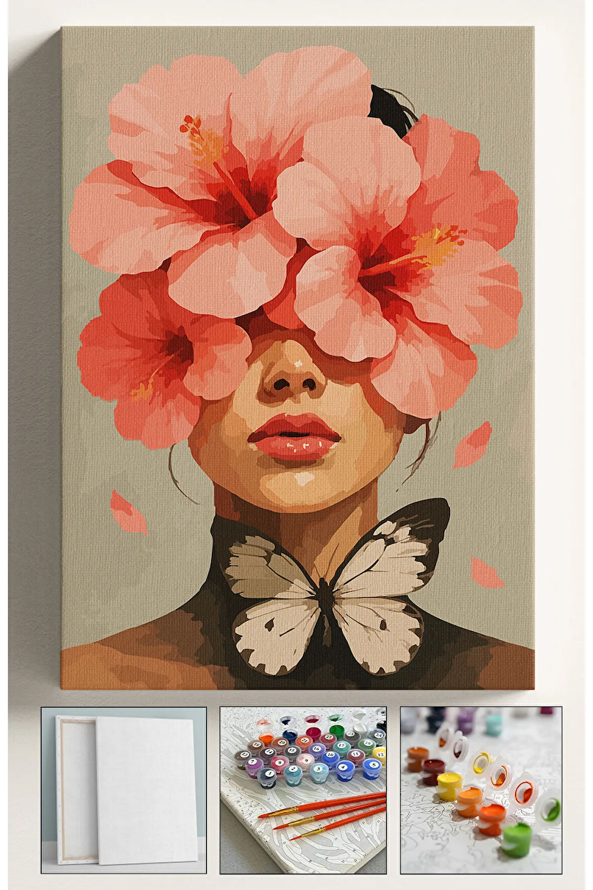 Sayılarla Boyama Seti Numaralı Tuval Fırça Boya Dahil Kasnaklı Set 40x50 Cm - KELEBEK KADIN