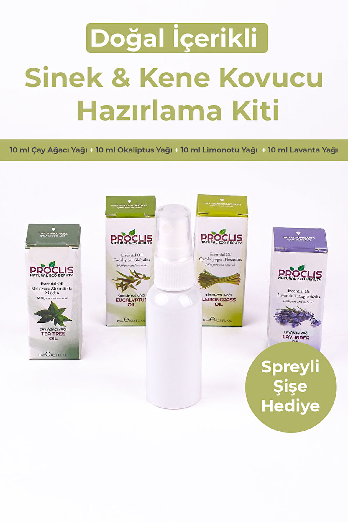 Doğal Sivrisinek ve Kene Kovucu Sprey  Yağ Seti – 4’lü Uçucu Yağ + Sprey Şişe
