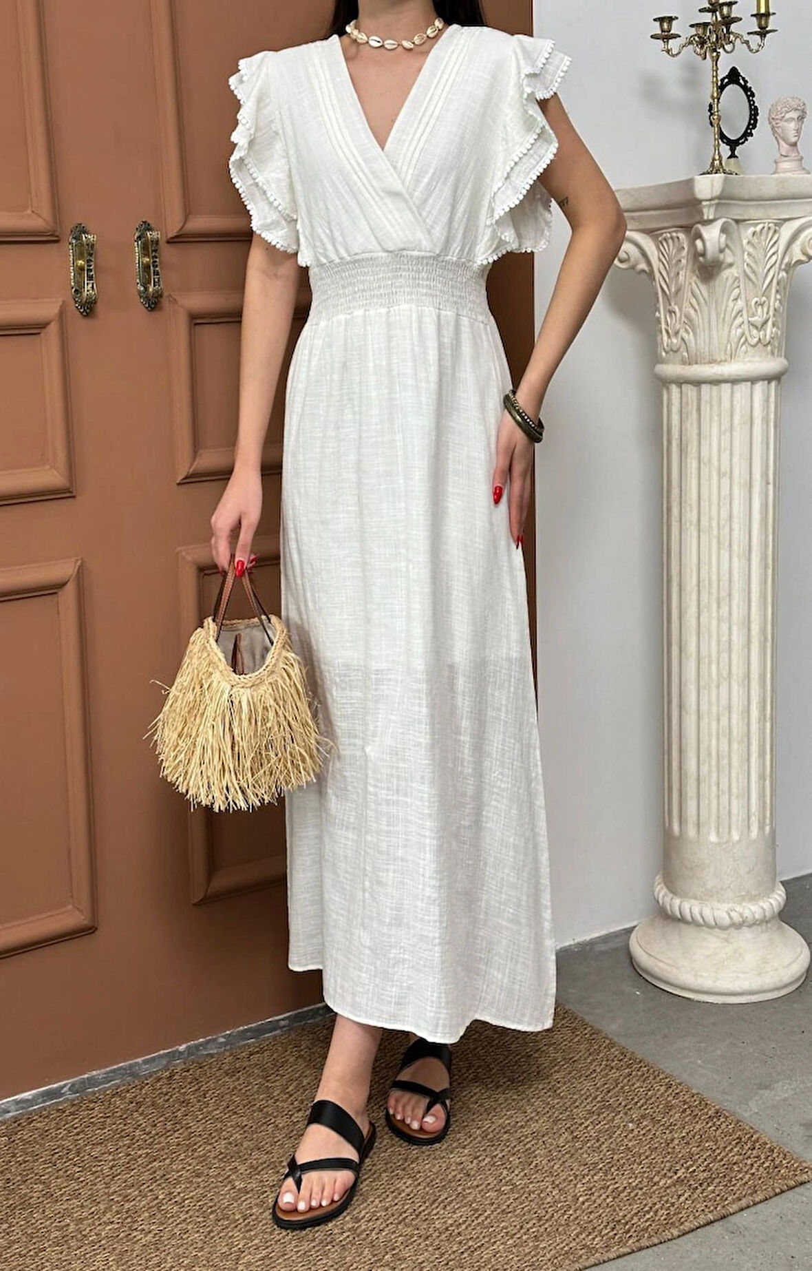 Kadın Keten Fırfırlı Uzun Elbise Yeşil Yazlık Şık Elbise