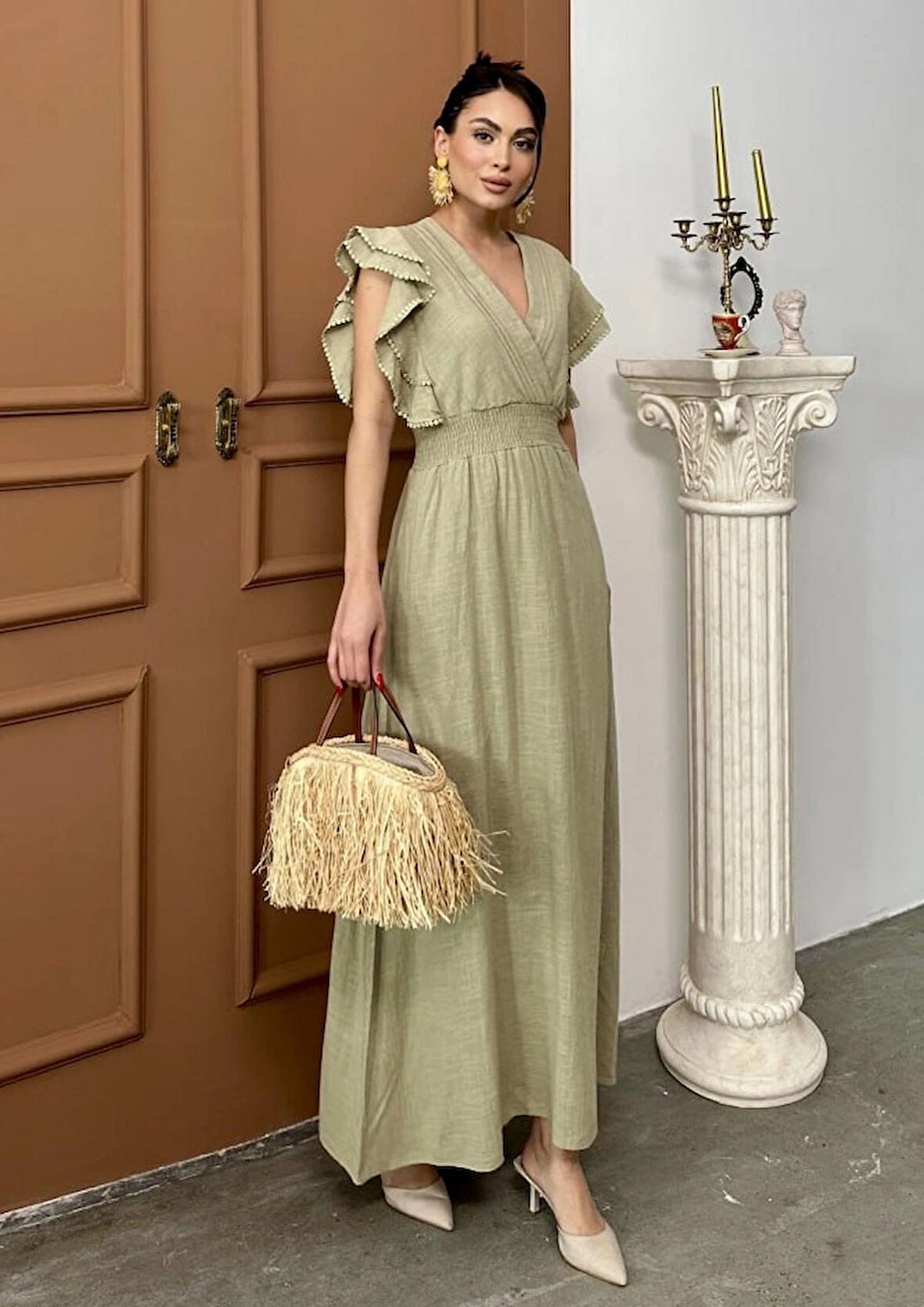 Kadın Keten Fırfırlı Uzun Elbise Yeşil Yazlık Şık Elbise