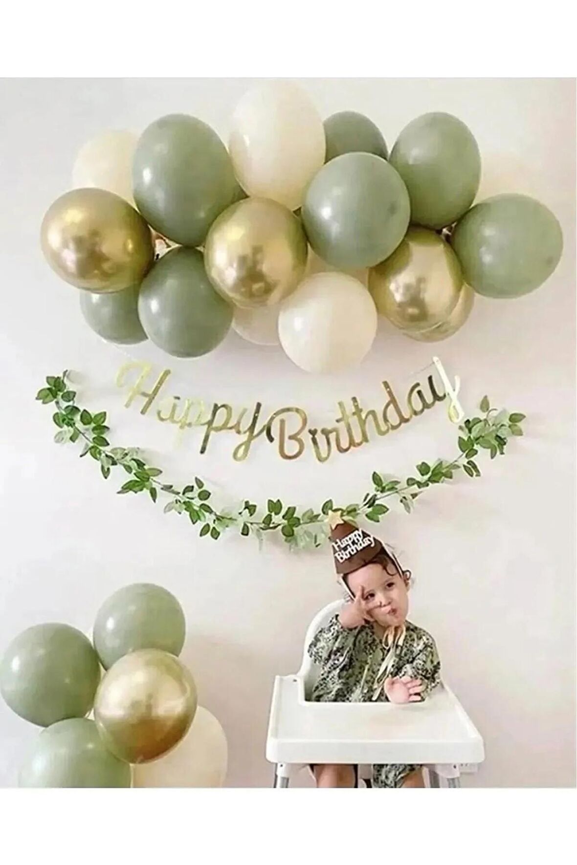 Küf Yeşili Metalik Gold Balon Gold Happy Bırthday Kaligrafi Banner Küçük Zincir Set