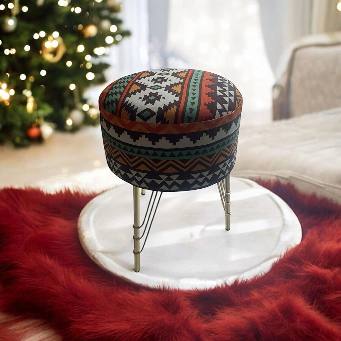 ayak dayama pufu metal ayaklı kilim desenli puf 