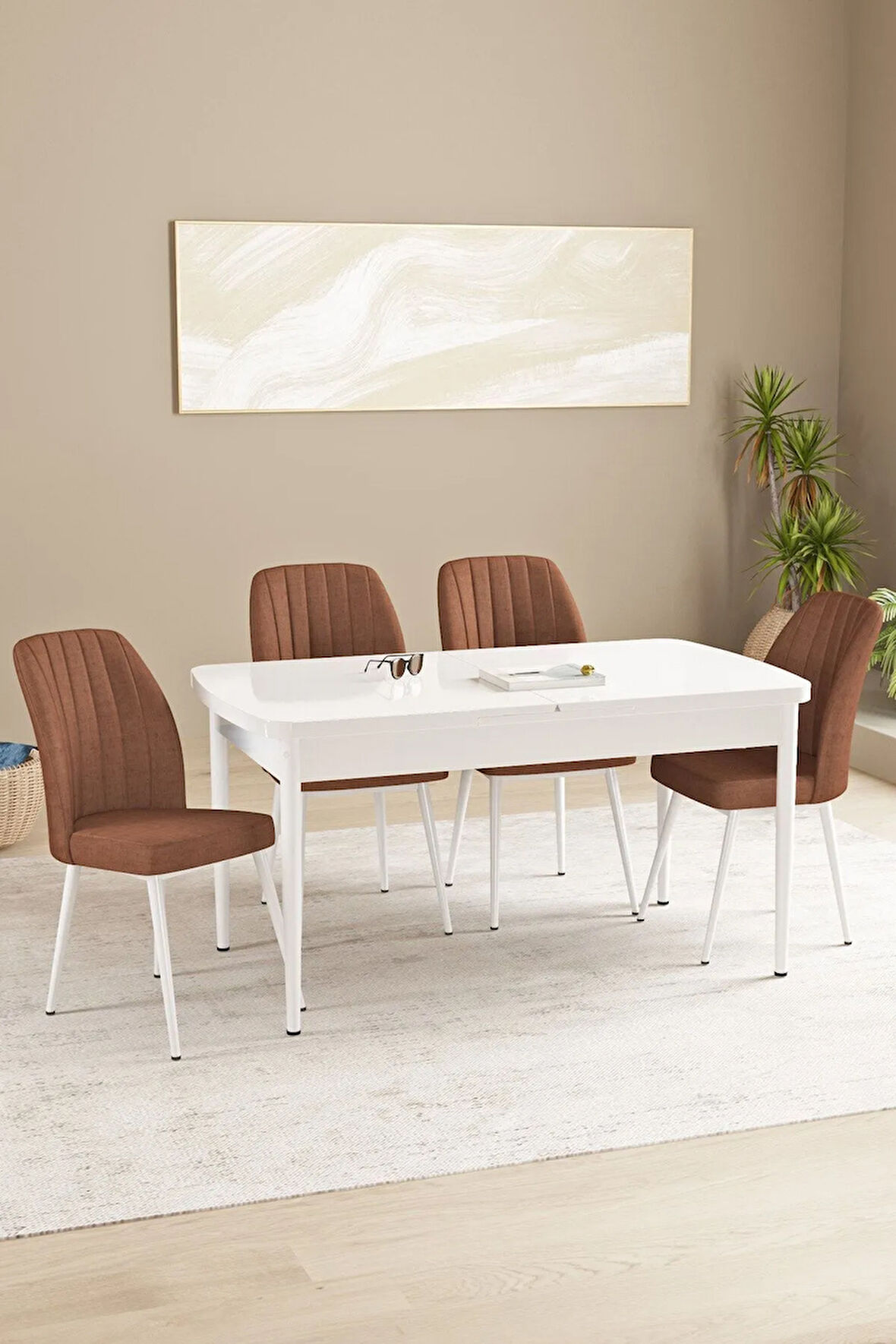 Floryn MDF Beyaz Açılabilir 80x132 Cm 4 Sandalyeli Mutfak Masası Takımı