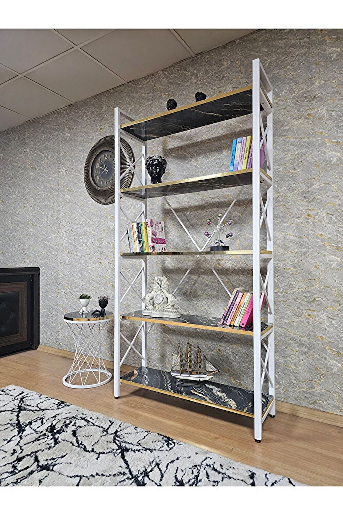 Beyaz Boyalı Kitaplık - 5 Raflı Suntalem Lüks Kitaplık Luanda Gold Cumbalı