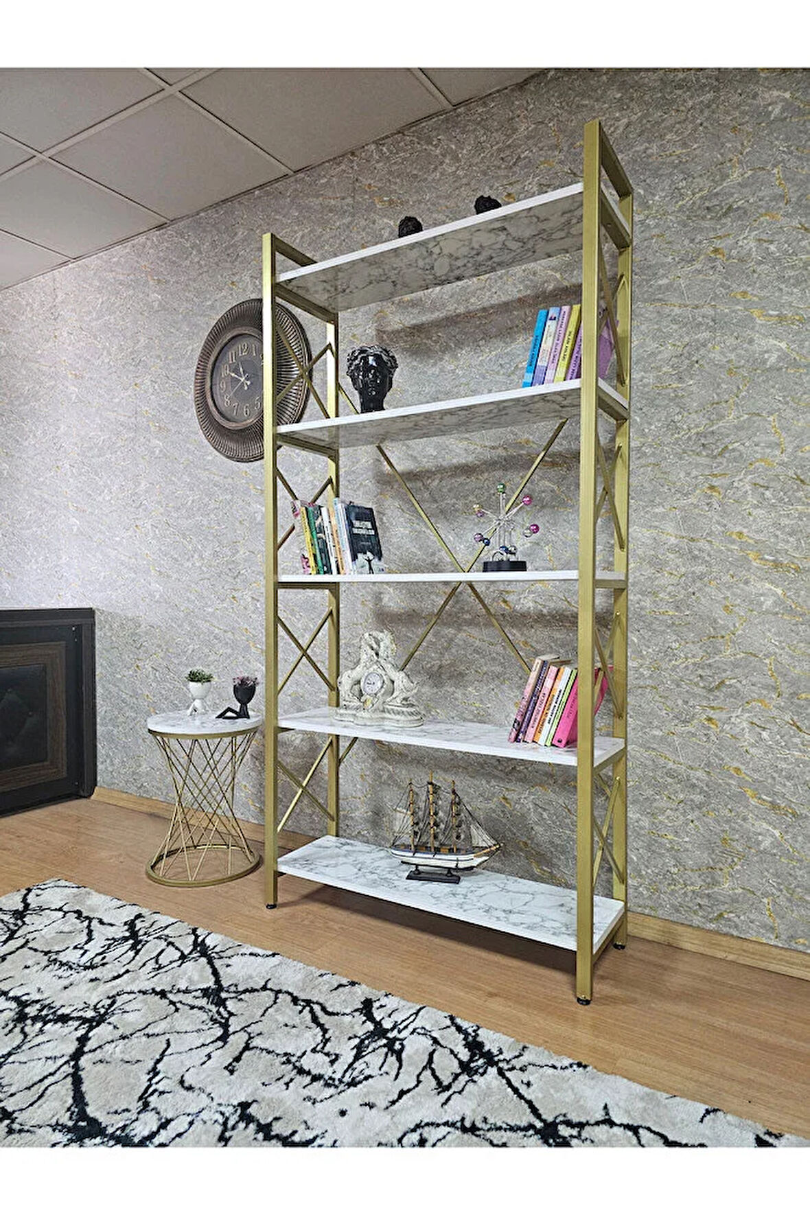 Gold Boyalı Kitaplık - 5 Raflı Suntalem Lüks Kitaplık Beyaz Mermer