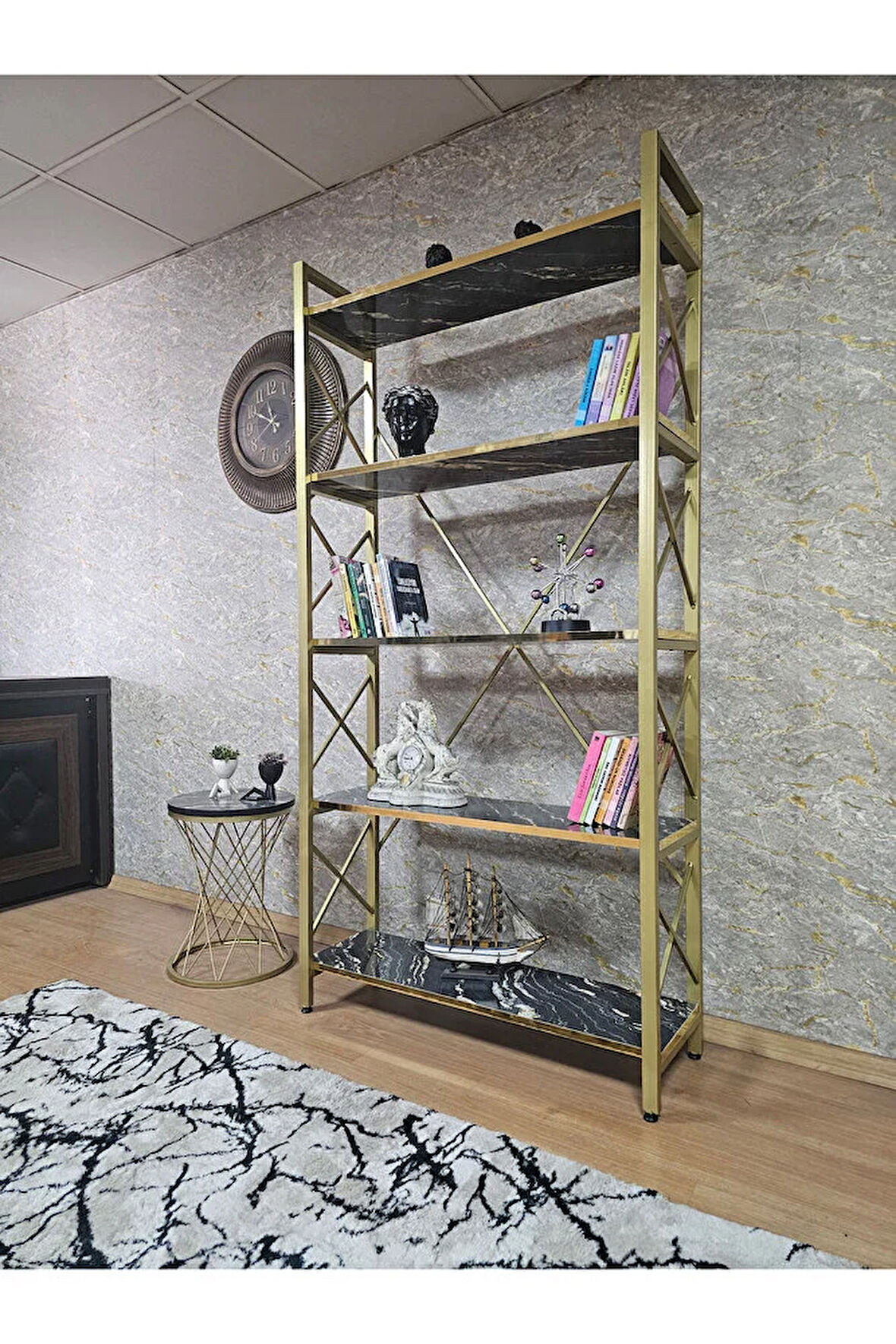 Gold Boyalı Kitaplık - 5 Raflı Suntalem Lüks Kitaplık Luanda Gold Cumbalı