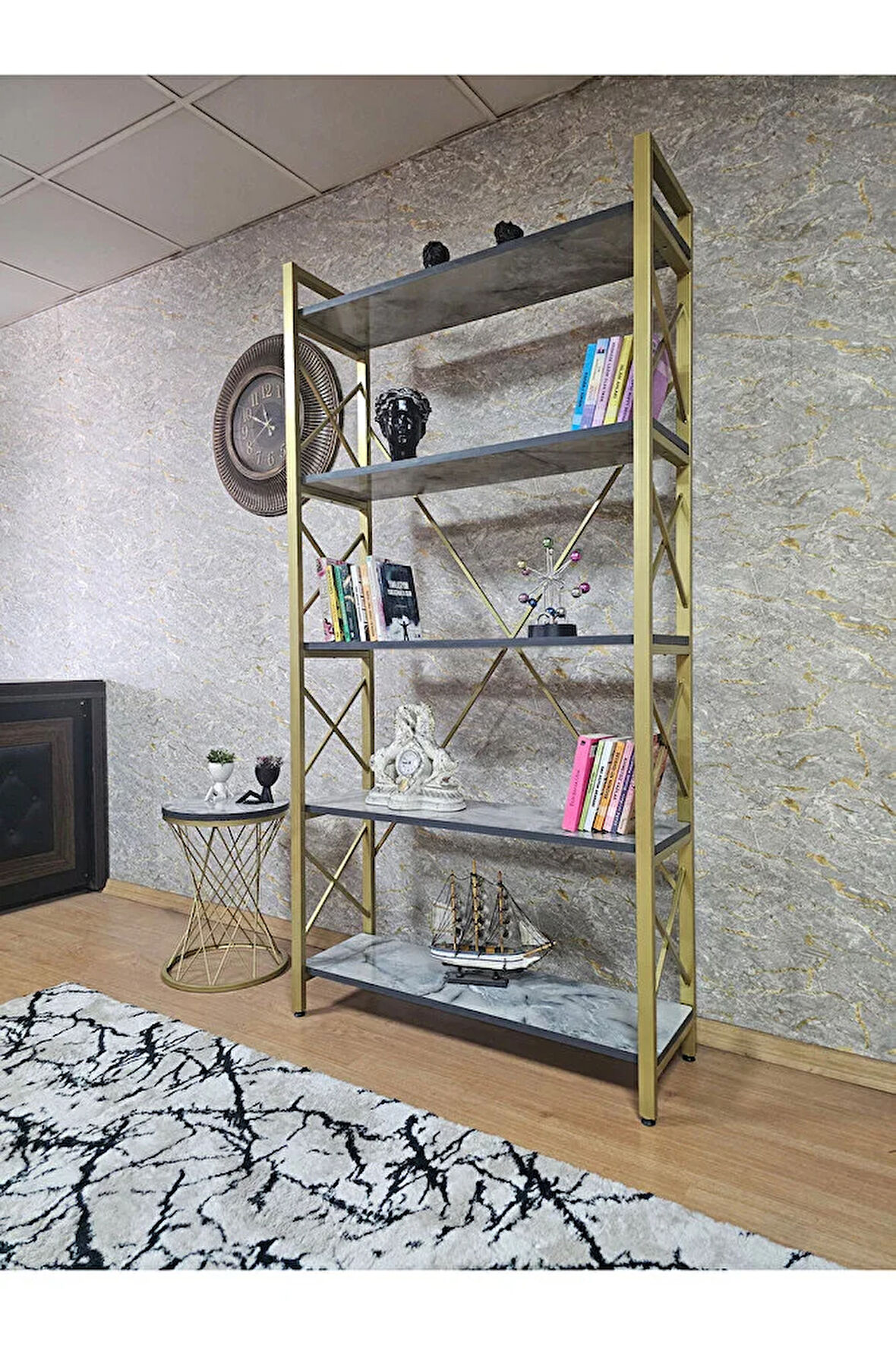 Gold Boyalı Kitaplık - 5 Raflı Suntalem Lüks Kitaplık Marmol