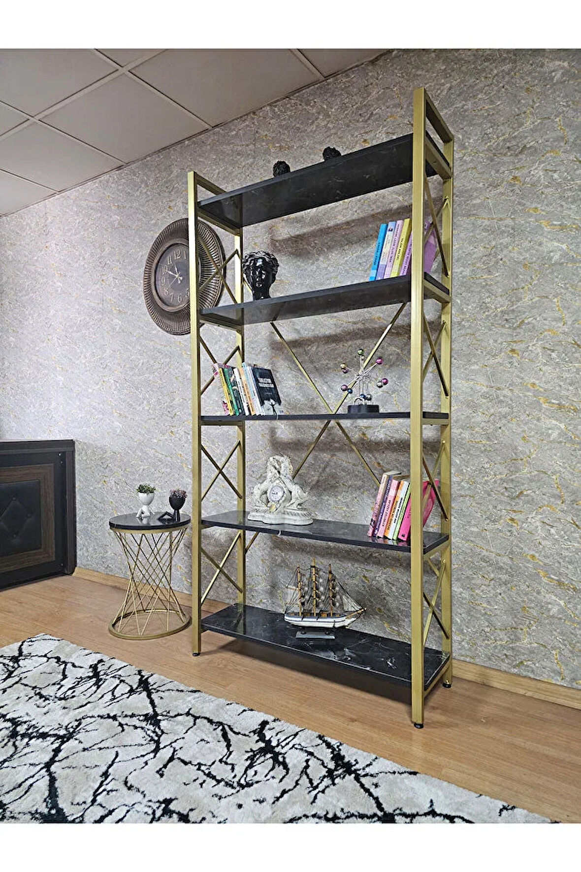 Gold Boyalı Kitaplık - 5 Raflı Suntalem Lüks Kitaplık Siyah Mermer