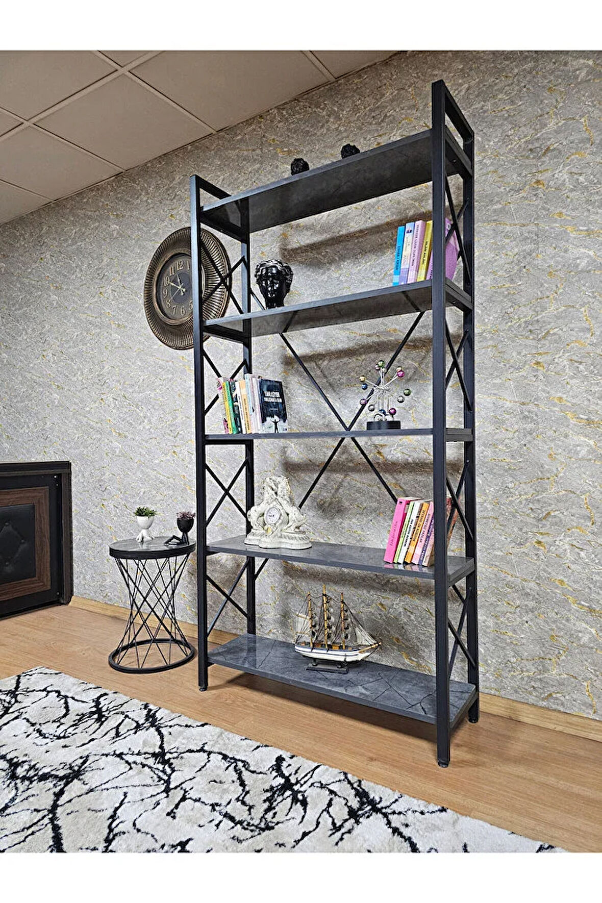 Siyah Boyalı Kitaplık - 5 Raflı Suntalem Lüks Kitaplık Aris Gri