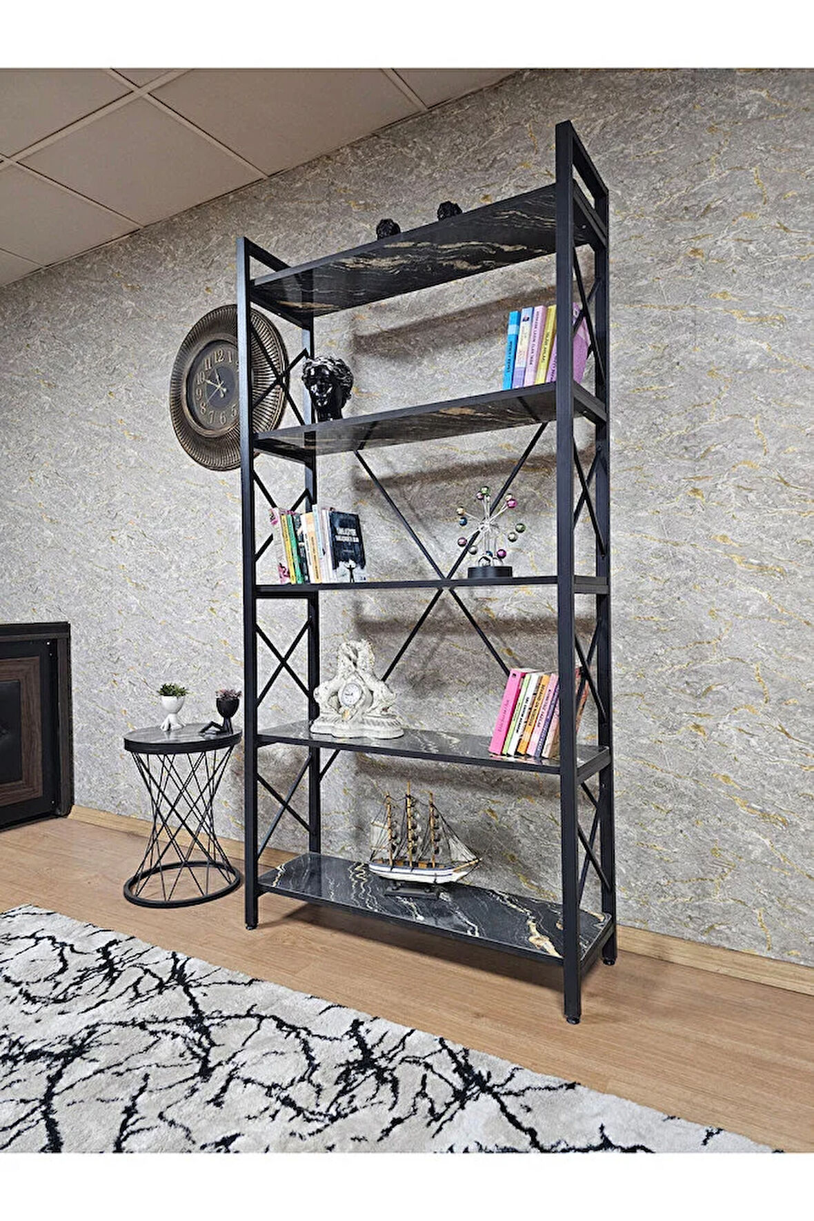 Siyah Boyalı Kitaplık - 5 Raflı Suntalem Lüks Kitaplık Luanda