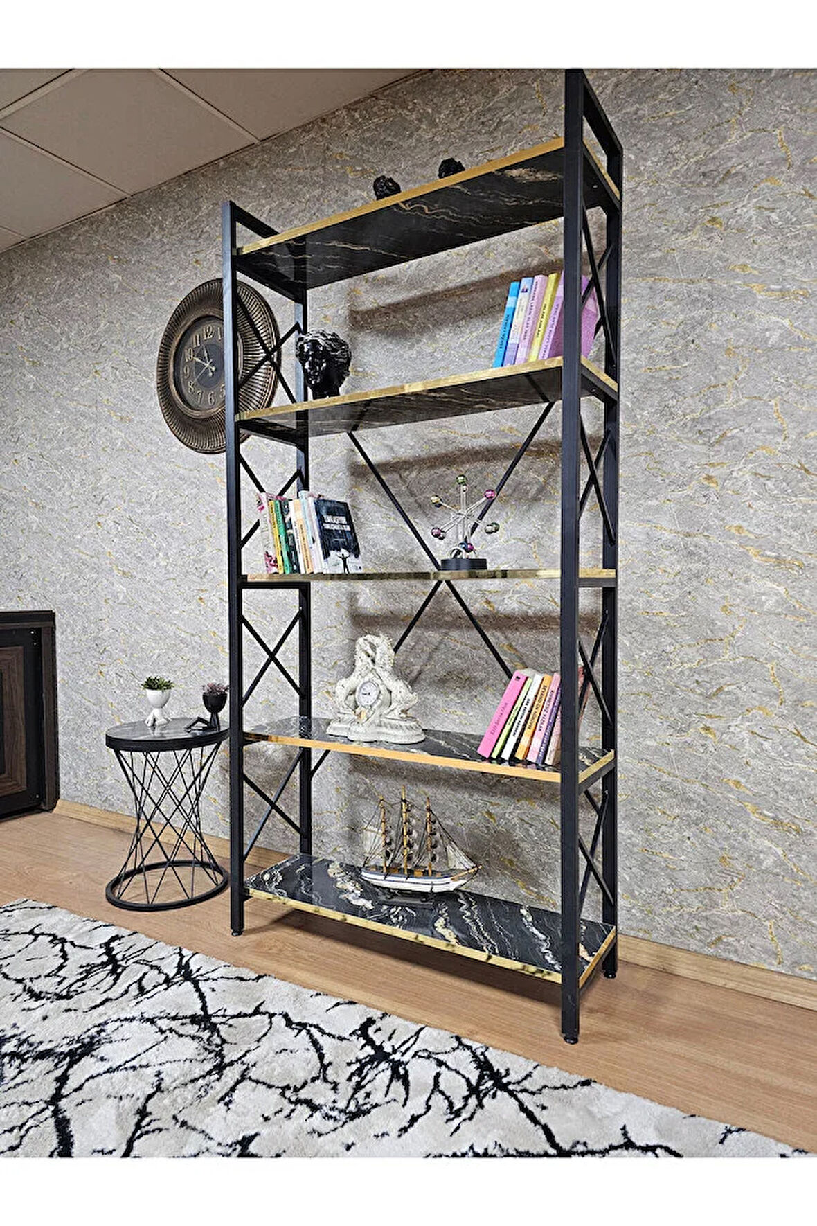 Siyah Boyalı Kitaplık - 5 Raflı Suntalem Lüks Kitaplık Luanda Gold Cumbalı