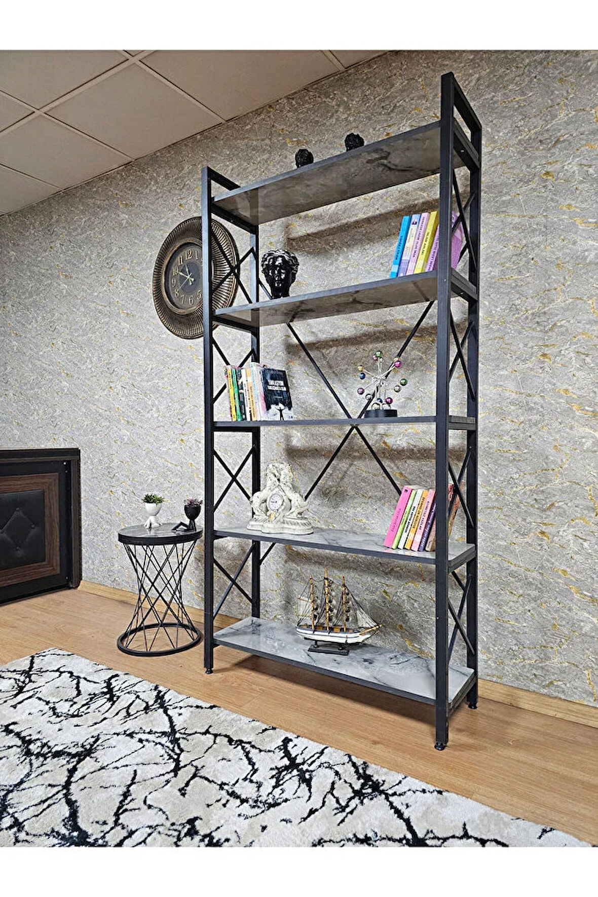 Siyah Boyalı Kitaplık - 5 Raflı Suntalem Lüks Kitaplık Marmol