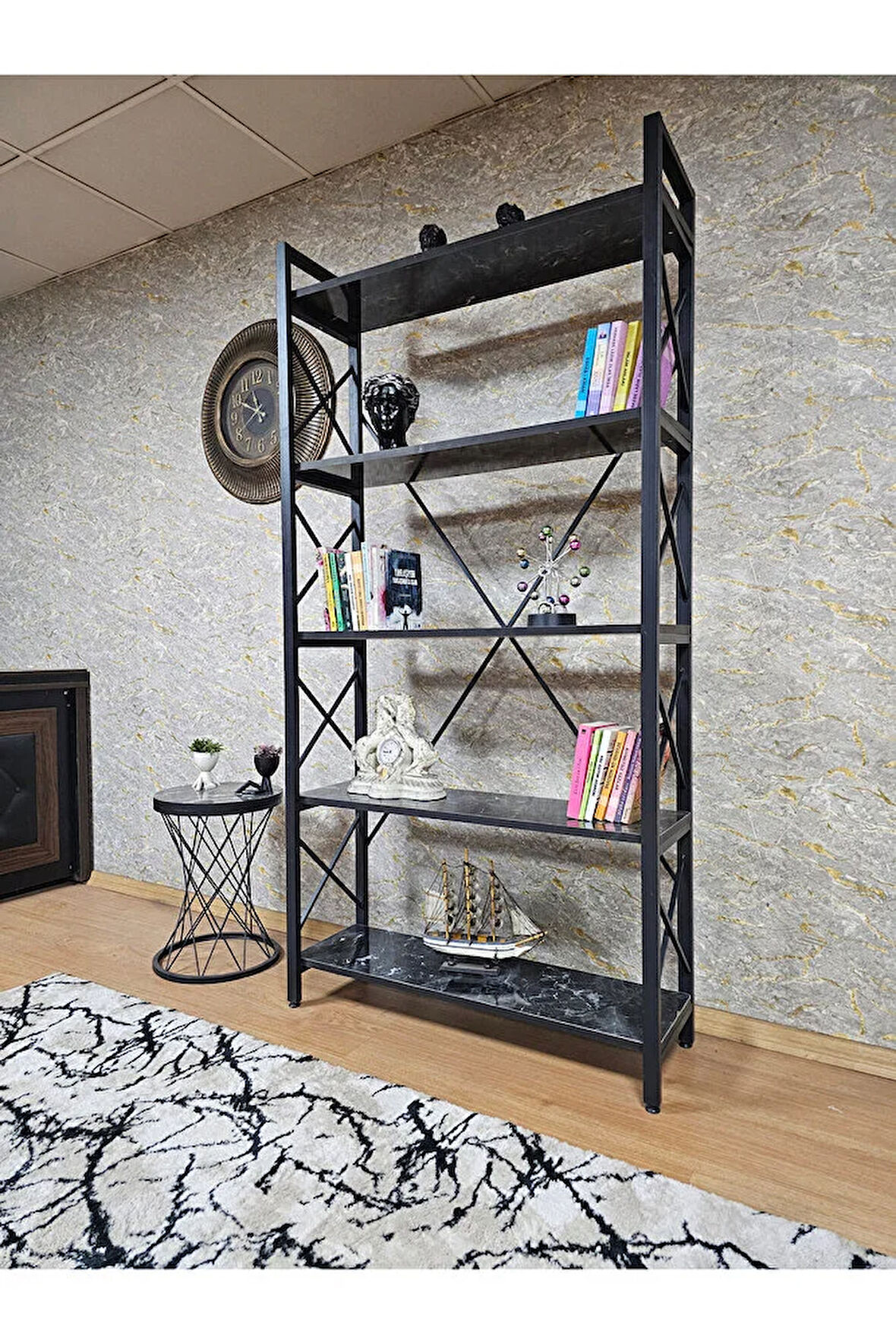 Siyah Boyalı Kitaplık - 5 Raflı Suntalem Lüks Kitaplık Siyah Mermer