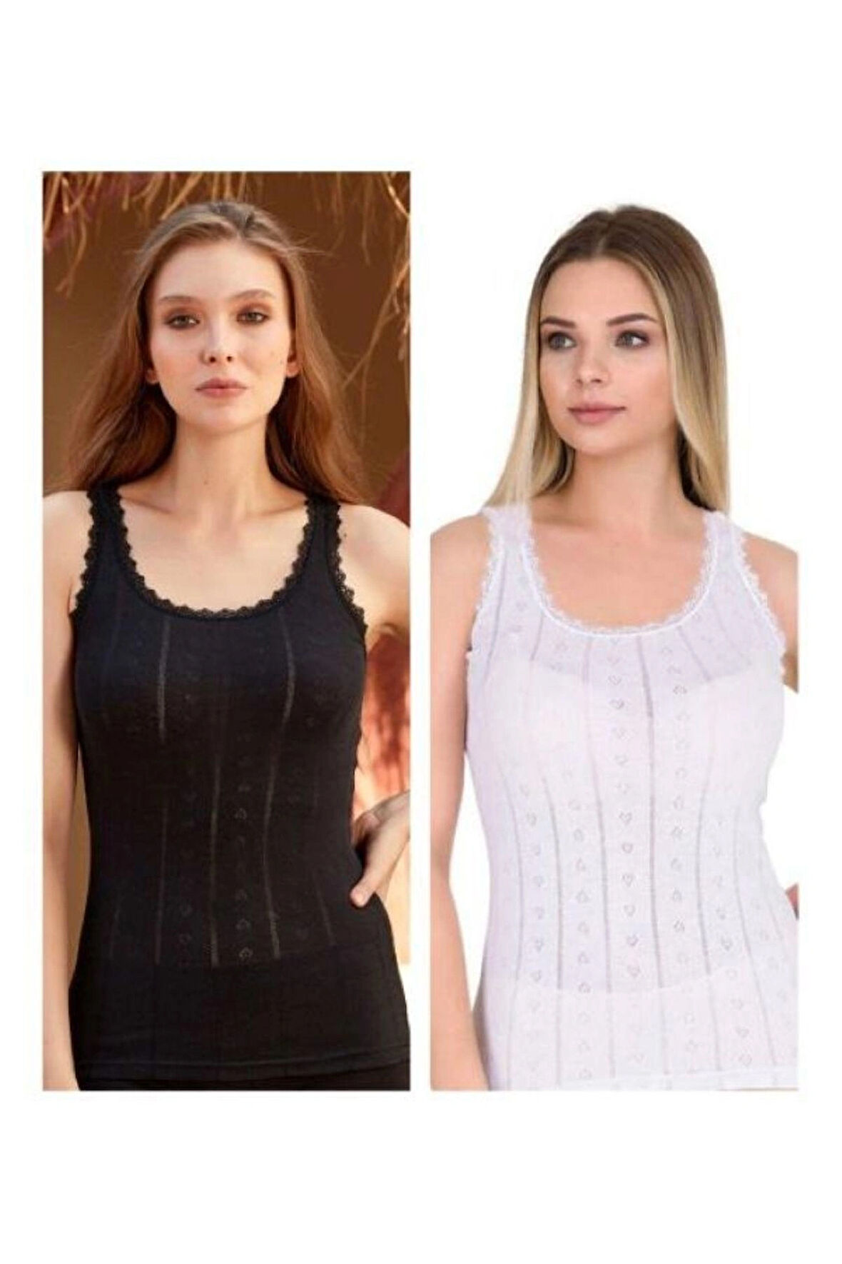 Berrak 8049 2'li Kalp Desenli Siyah ve Beyaz Renkler Kalın Askılı Kadın Atlet