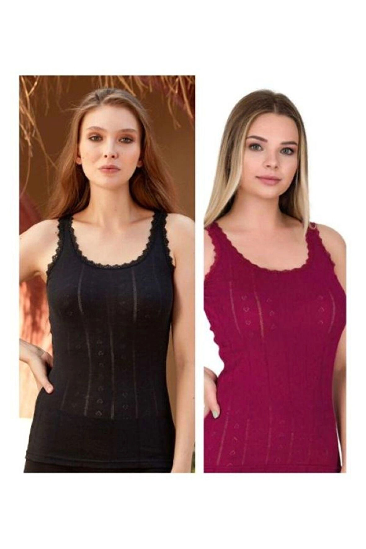 Berrak 8049 2'li Kalp Desenli Siyah ve Bordo Renkler Kalın Askılı Kadın Atlet