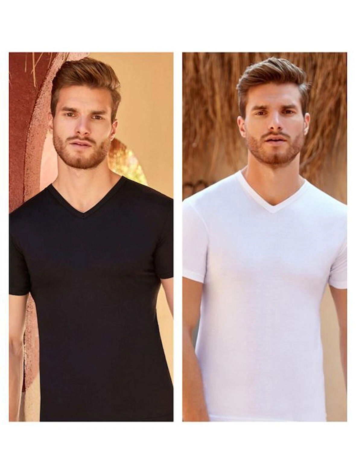 Berrak 2'li Siyah ve Beyaz Renkler V Yaka %100 Pamuk Kısa Kollu Erkek Fanila - Atlet