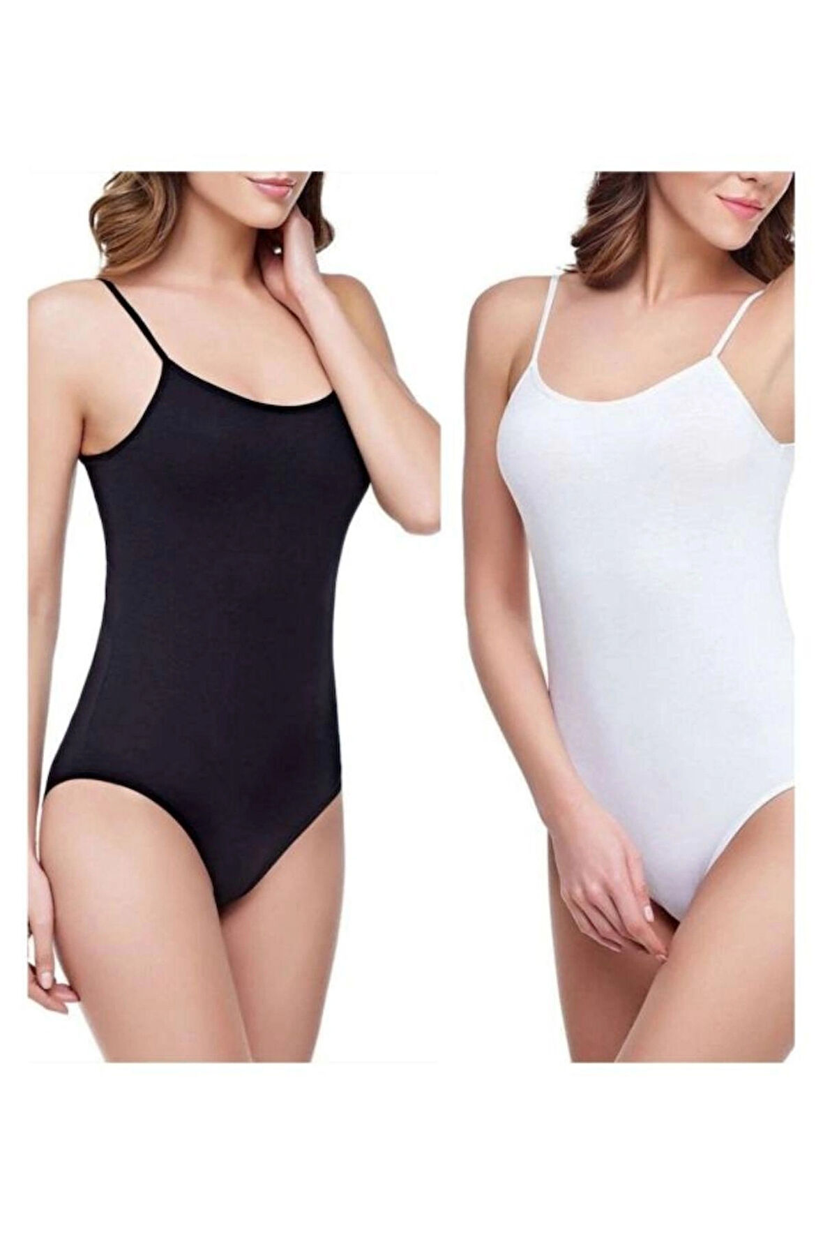 Tutku 2'li İnce Askılı Siyah ve Beyaz Renkler Çıtçıtlı (Kancalı) Kadın Body - Atlet