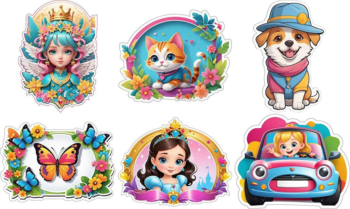 6 Adet Kız Çocuk Sticker v2 Etiket Yapıştırma Sticker Defter Dolap Masa 10x10 cm