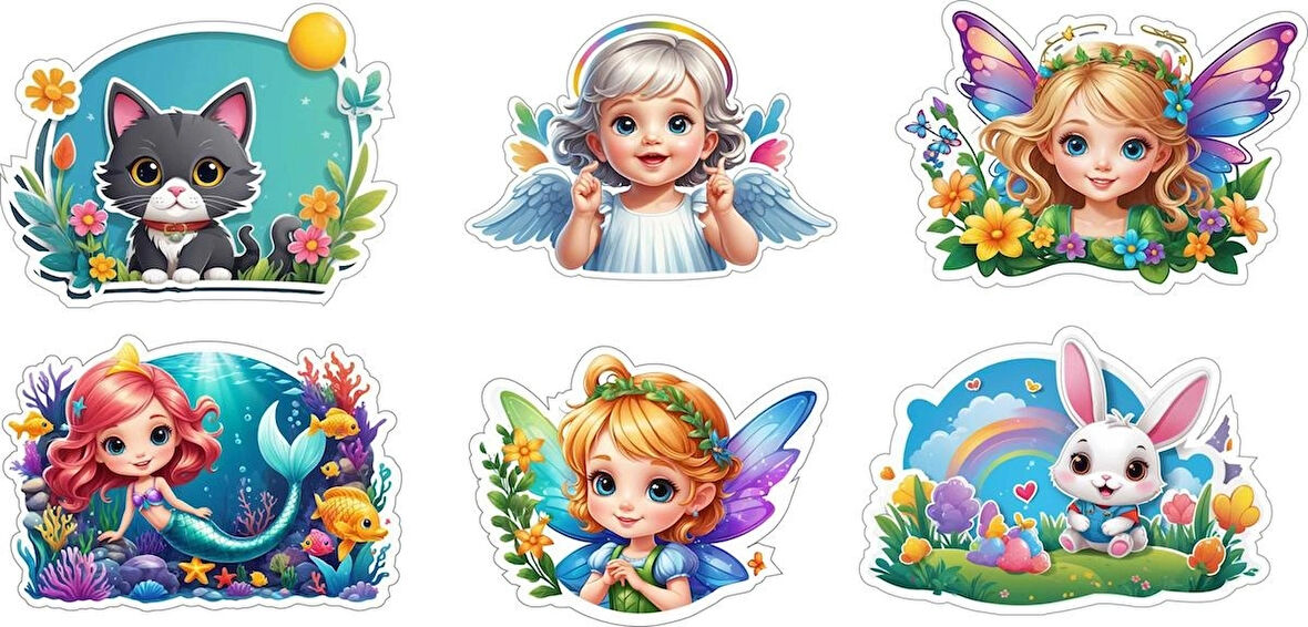 6 Adet Kız Çocuk Sticker v3 Etiket Yapıştırma Sticker Defter Masa Dolap 10 x 10 cm