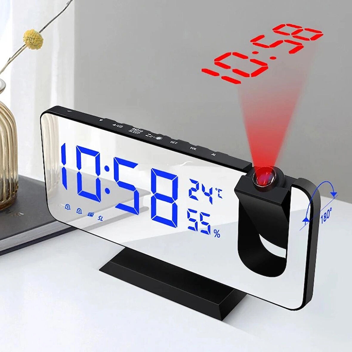 Çok Fonksiyonlu Masaüstü Ayna Saat FM Radyo Alarm Projeksiyon  Sıcaklık Nem Ölçer USB Özellik