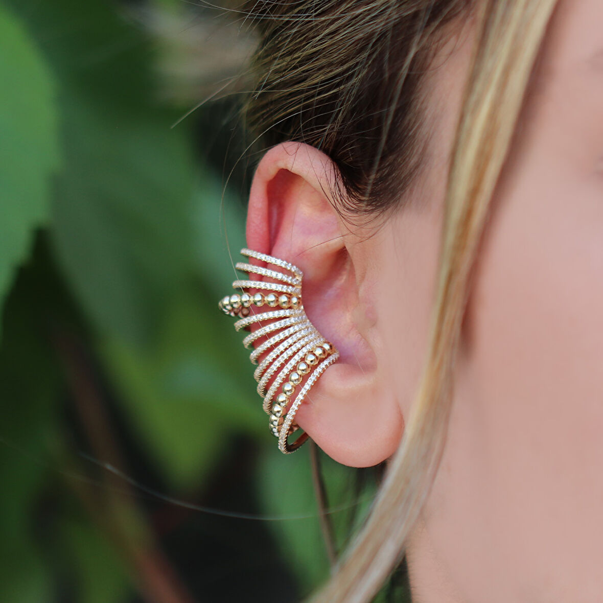 Ear Cuff Zirkon Taşlı Gold Kaplama Gümüş Küpe