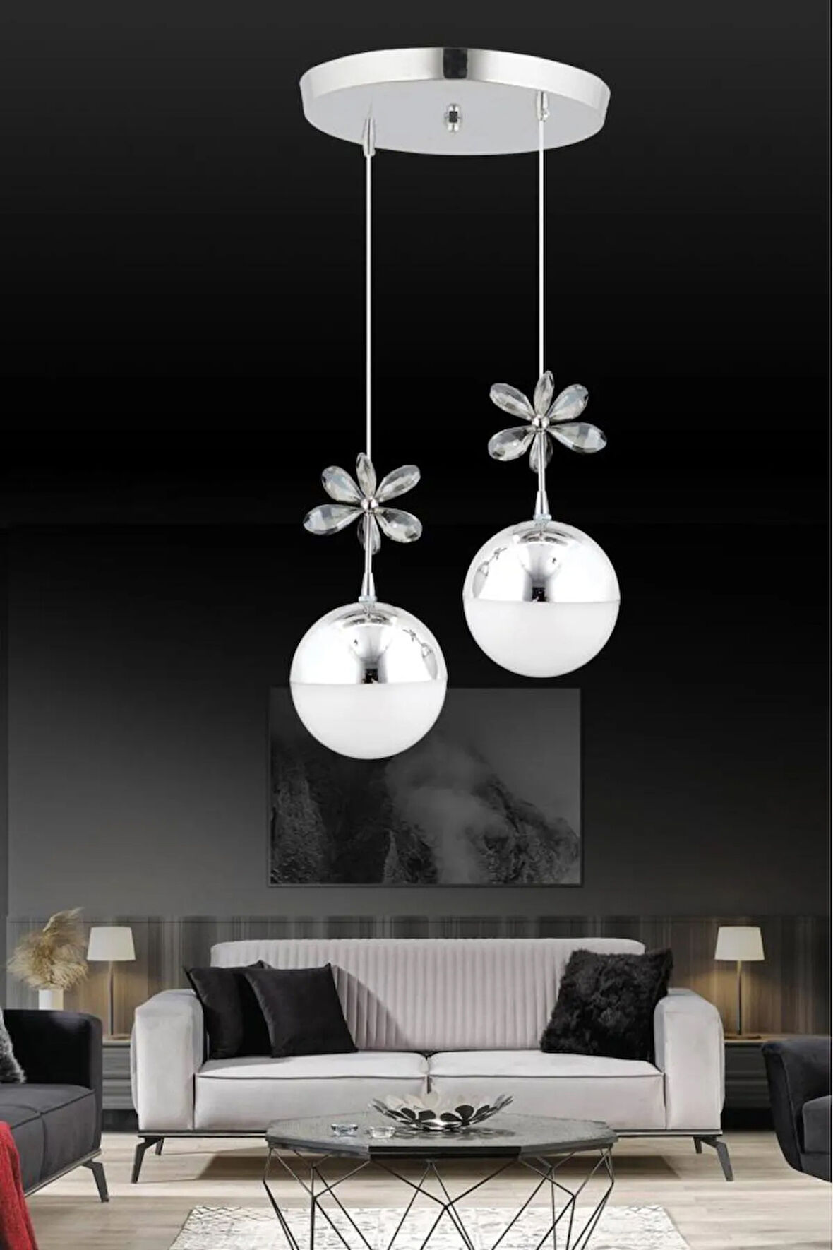 Litra Lighting Kelebek 2'li Krom Sarkıt 3 Renk Modu Ledli Kristal Taşlı Modern Led Avize