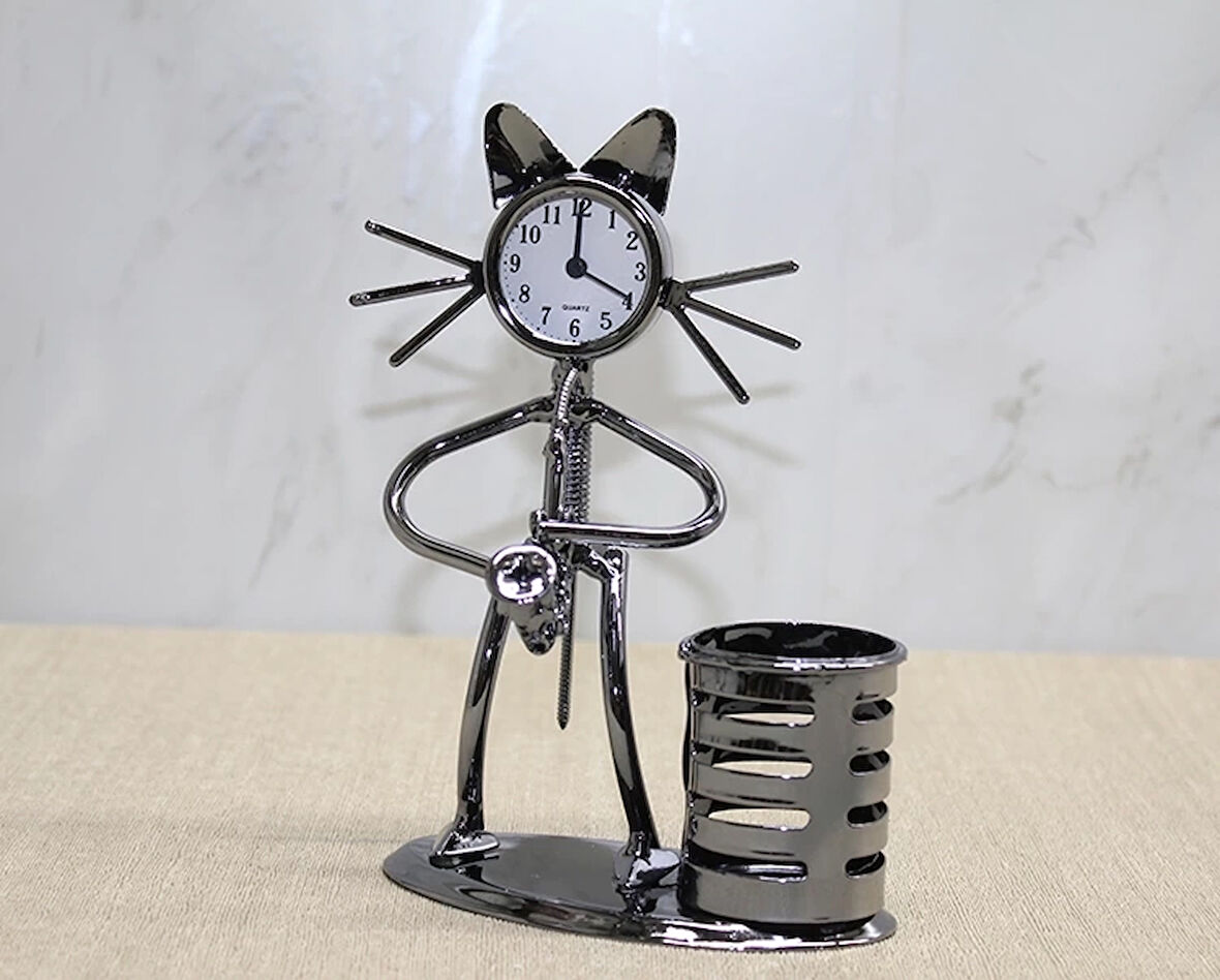 Metal Saksafon Çalan Kedi Müzisyen Saat Ve Kalemlik Alk4343