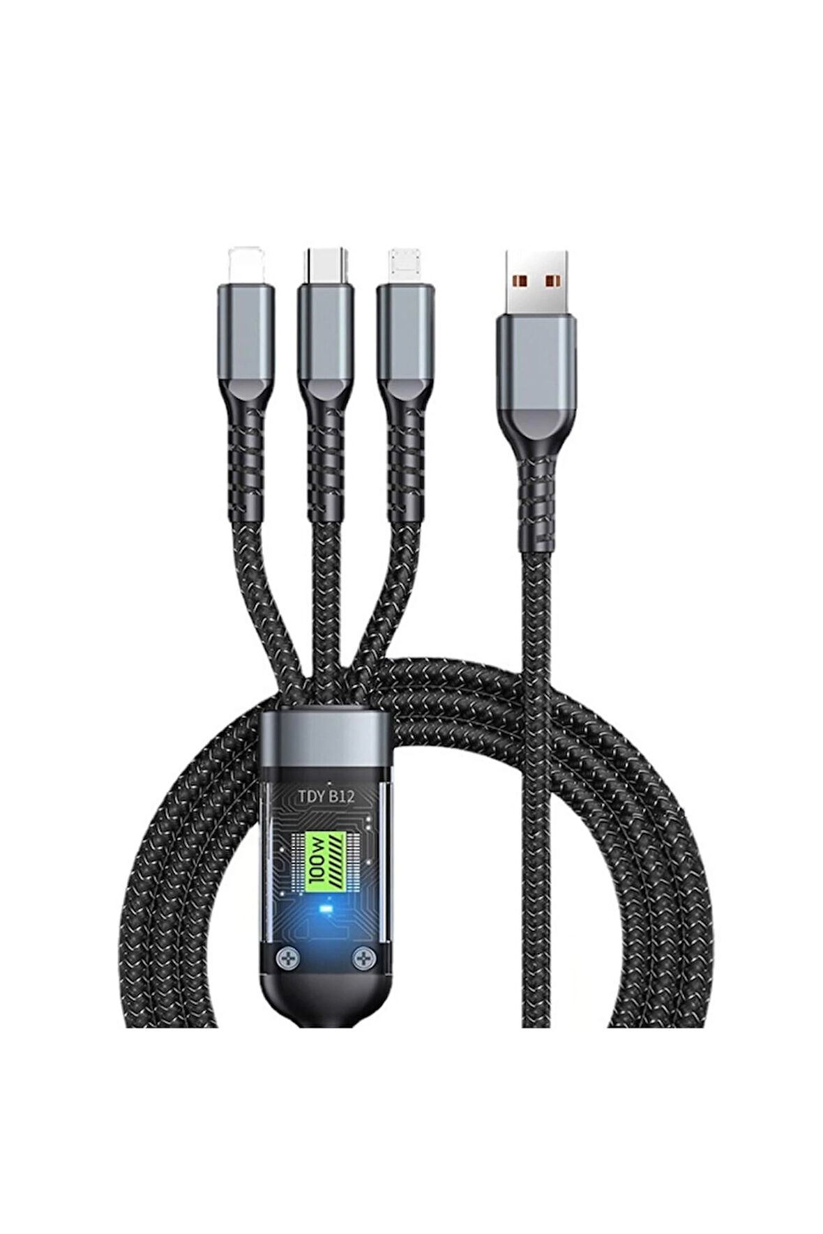 3In1 100W Hızlı Şarj Ve Data Kablosu, 1.2M Halat Örgü Kırılmaz Uç, Usb-C Micro Uyumlu, Dayanıklı Çok