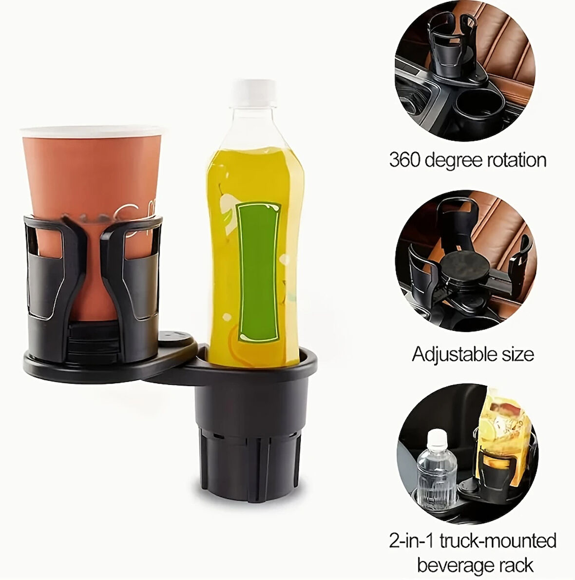 2’Si 1 Arada Ayarlanabilir Araç Bardak Tutucu, Genişleyebilir Üst Kısım 3”-6.2”, Şişe Adaptörü, Arab