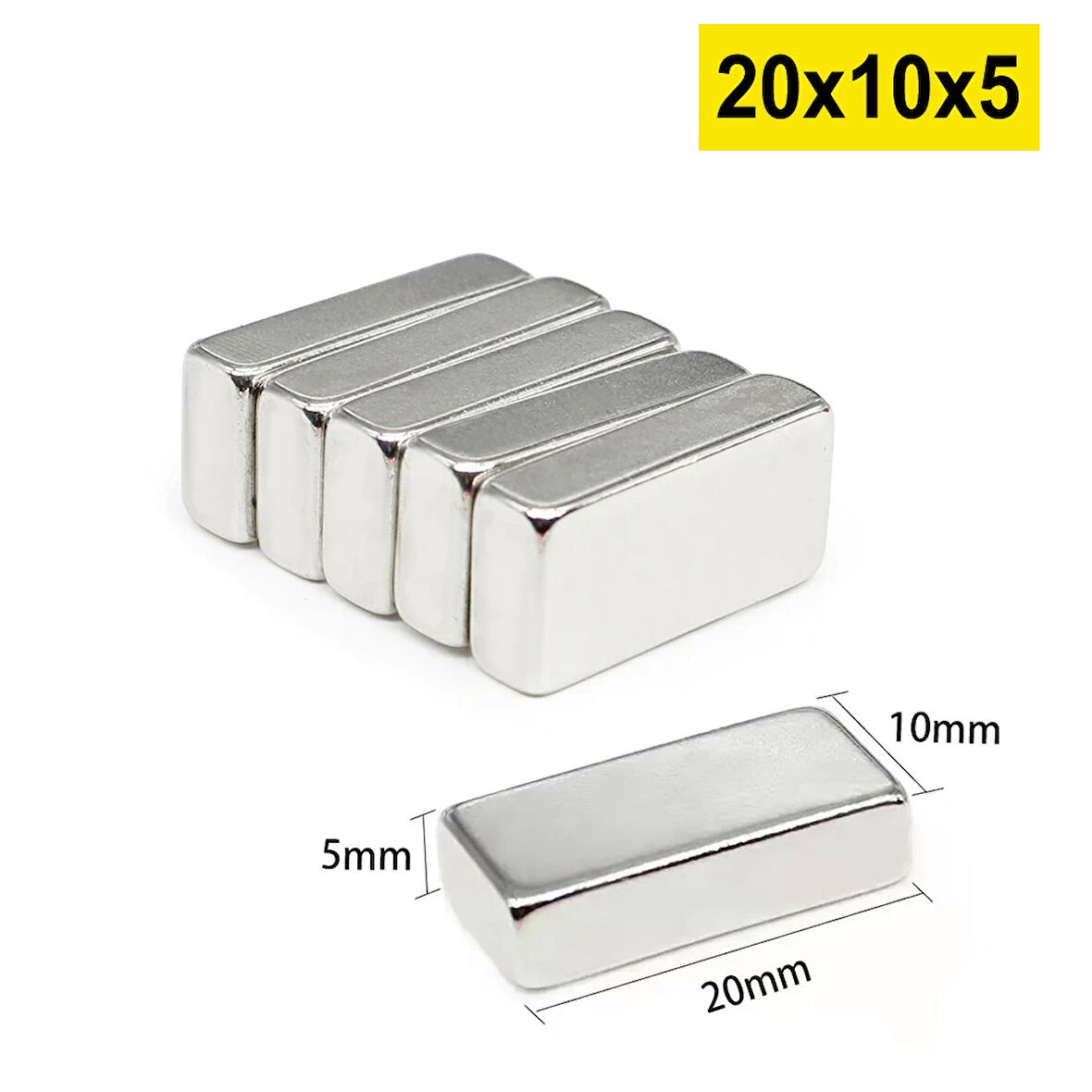 5 Adet 20X10X5 Mm Neodyum Magnet N35 Güçlü Mıknatıs Köşeli Ve Dayanıklı Nikel Kaplama