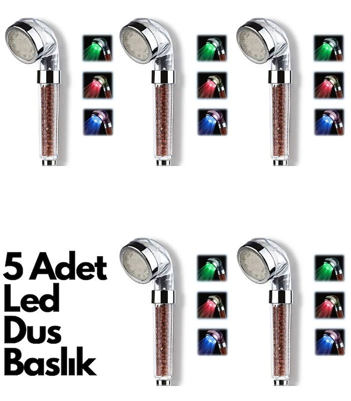 5 Adet Tasarruflu Boncuklu Ledli Duş Başlık-Pil Veya Elektrik Gerekmez Kinetik Enerjili