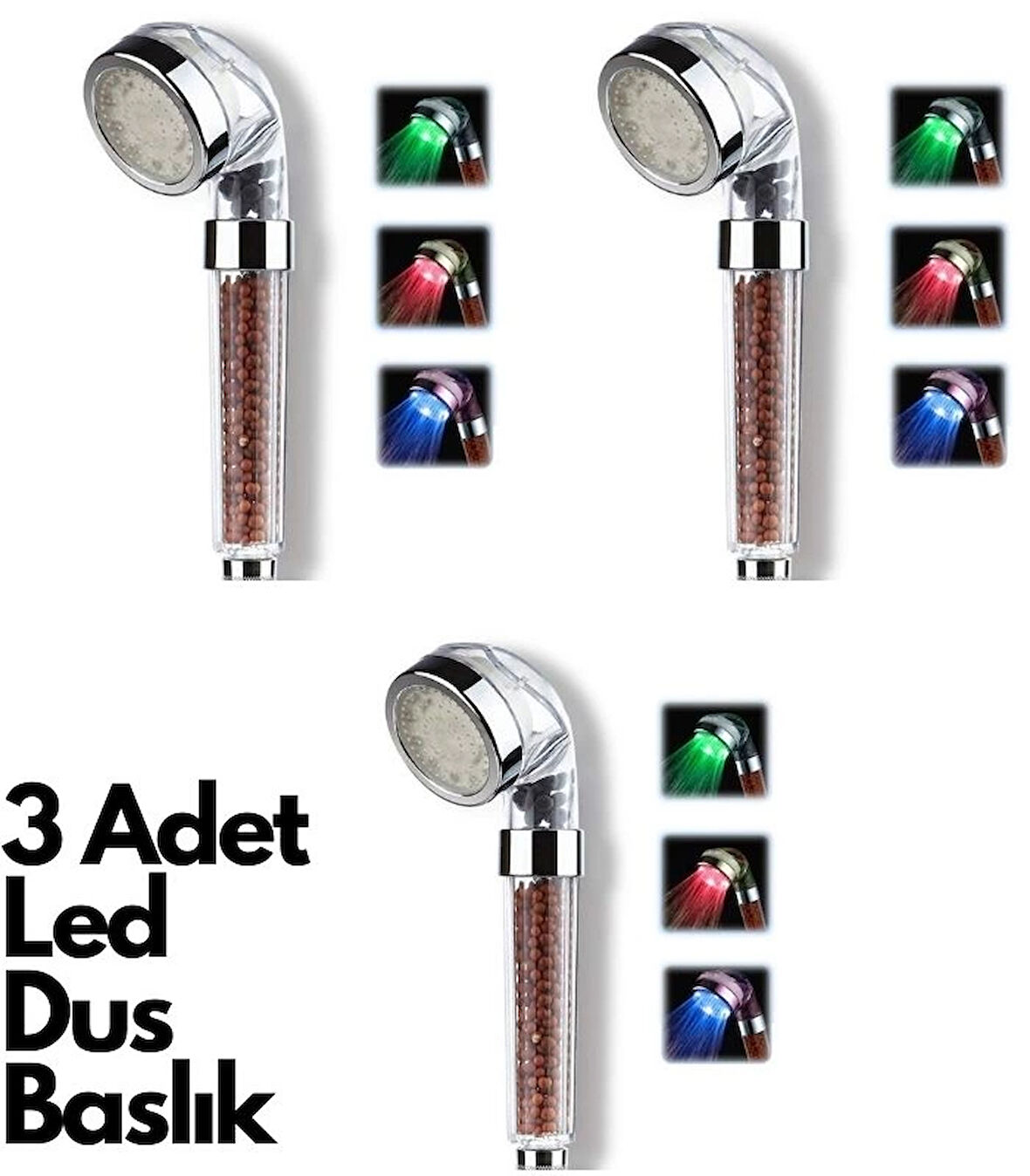 3 Adet Tasarruflu Boncuklu Ledli Duş Başlık-Pil Veya Elektrik Gerekmez Kinetik Enerjili