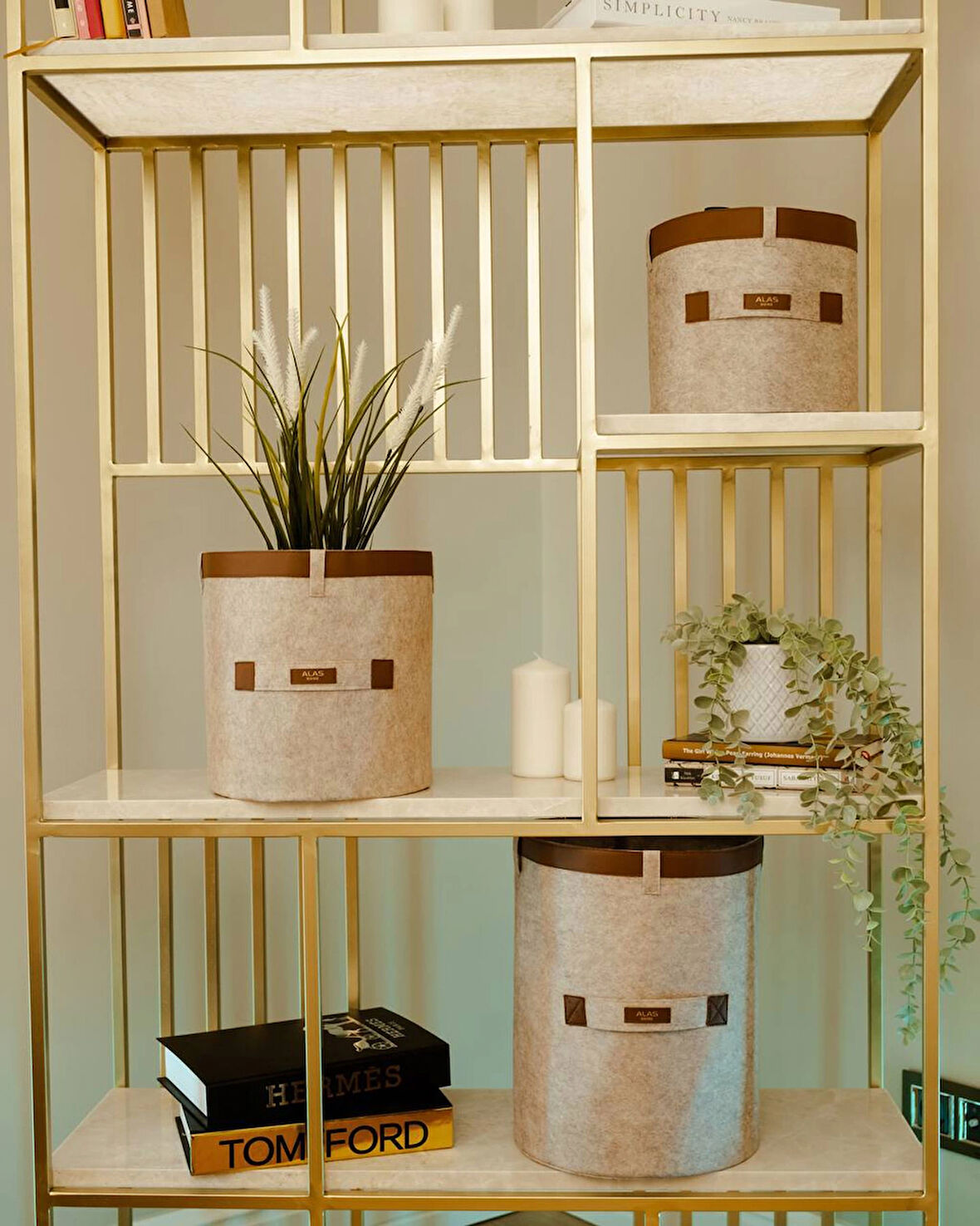 Deri Şeritli Yuvarlak Çok Amaçlı Düzenleyici Organizer Kutu Keçe Sepet (3'Lü Set)