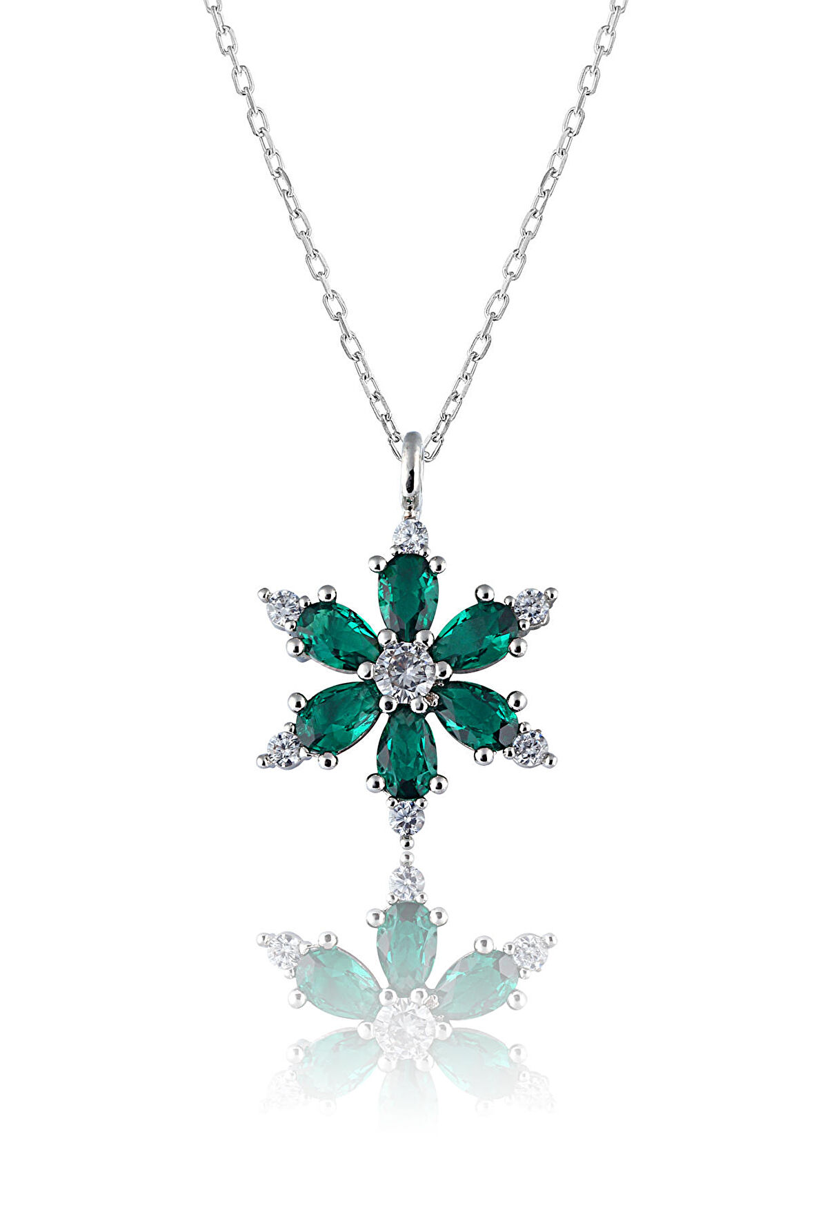 925 ayar Gümüş Zincirli Yeşil taşlı Rodyum kaplama Lotus Kamelya Çiçeği kolye