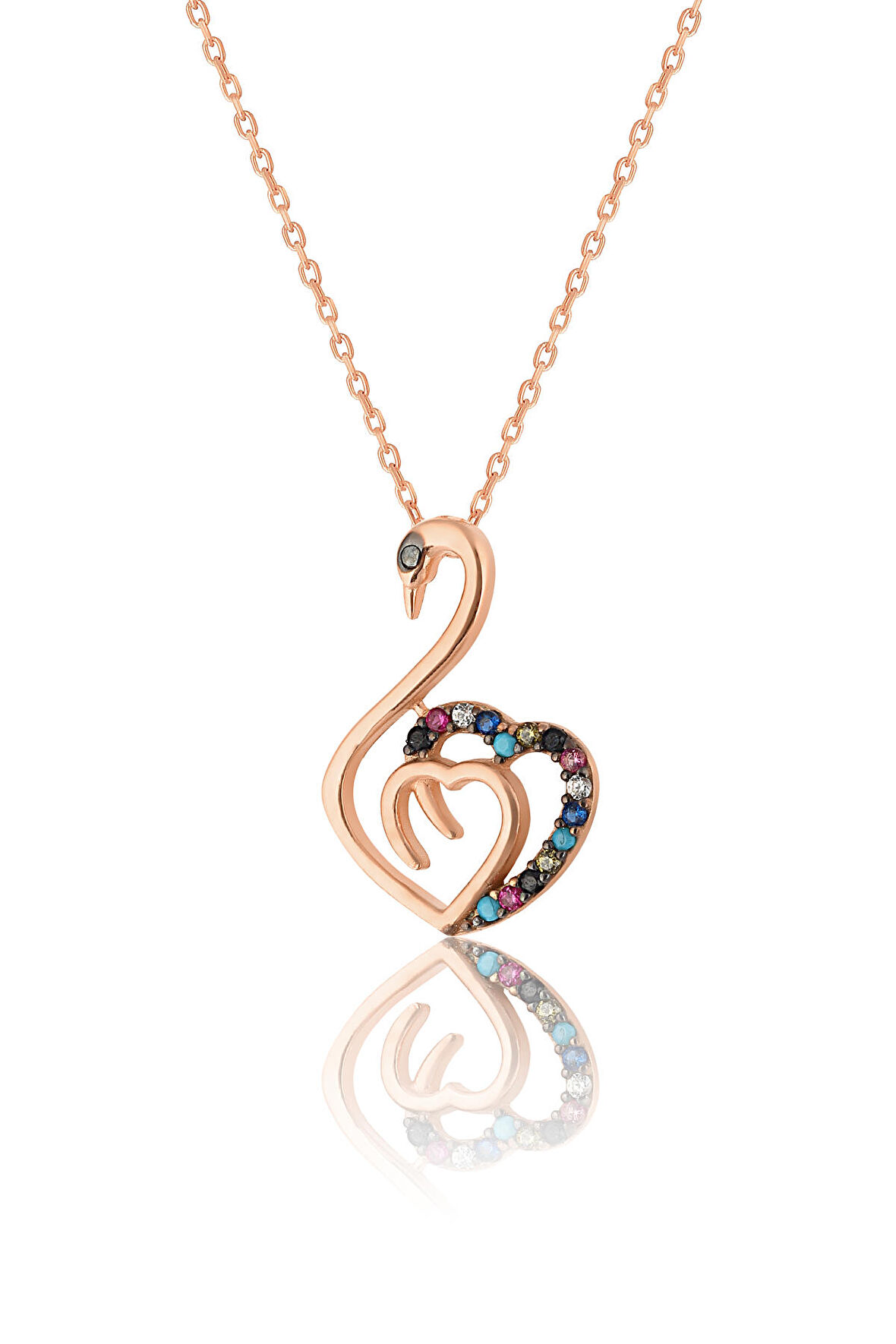 925 ayar Gümüş, Rose kaplama Mix taşlı Kalp figürlü Kuğu kolye...