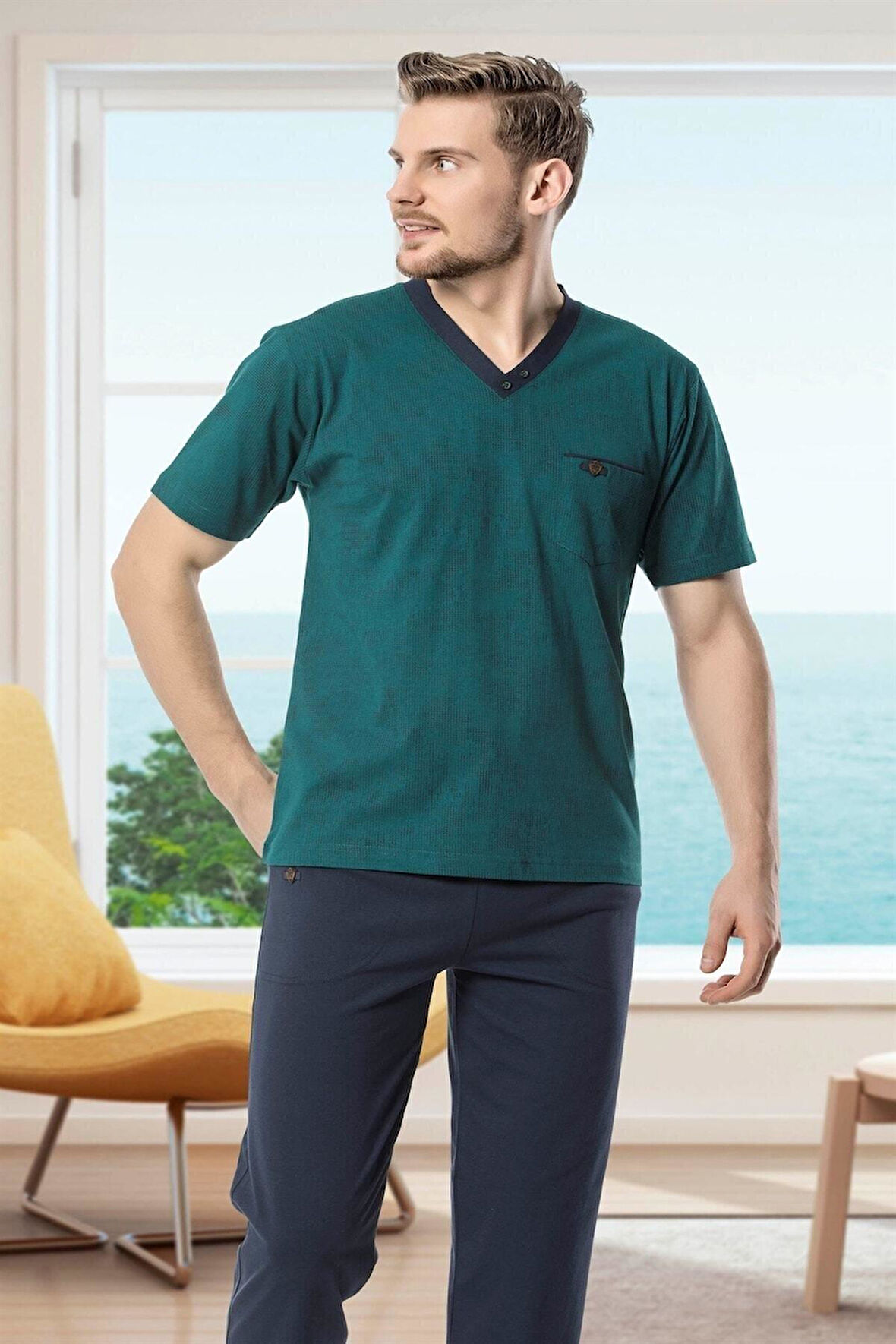 Kly Desenli V Yaka Pamuk Penye Pijama Takımı