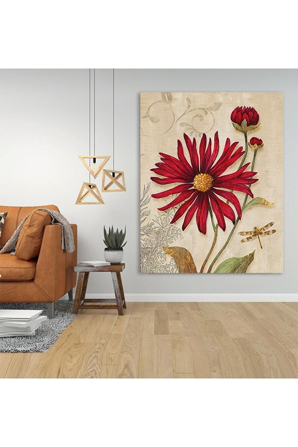 Yağlı Boya Efektli Kırmızı Çiçek Kanvas Kanvas Canvas Tablo