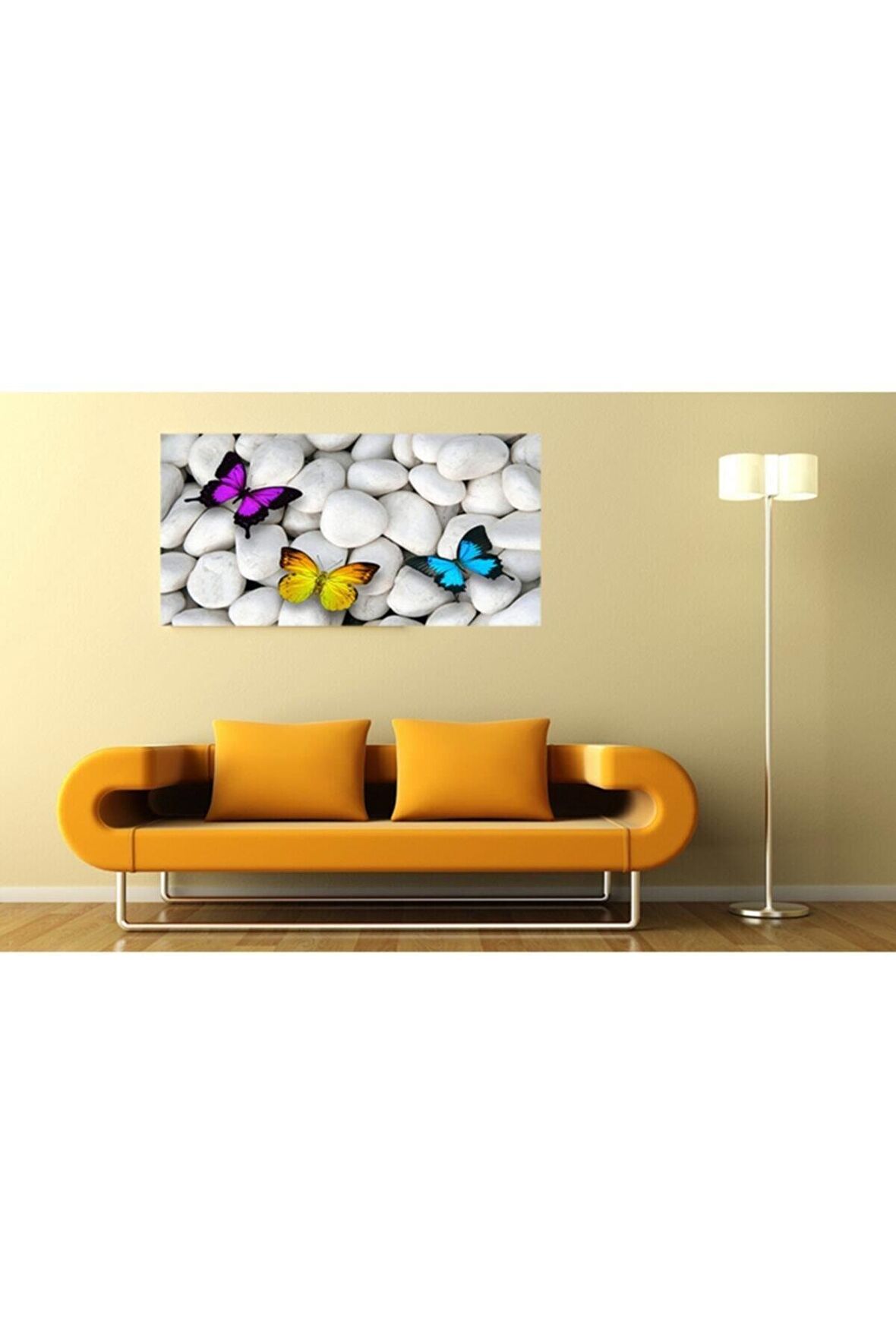 Beyaz Çakıl Taşları Renkli Kelebekler Kanvas Kanvas Canvas Tablo