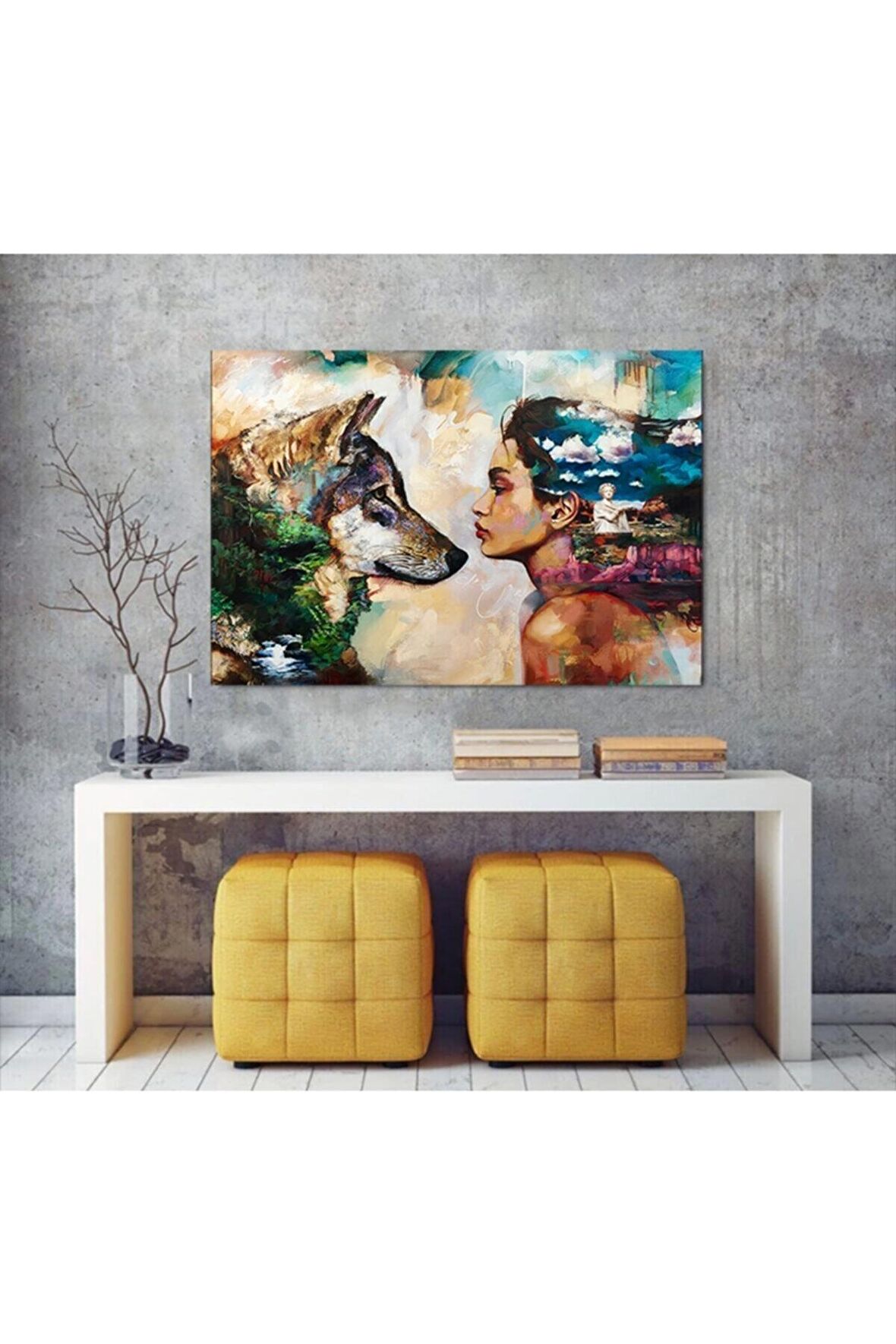 Yağlı Boya Görünümlü Kurt Ve Kız Kanvas Kanvas Canvas Tablo