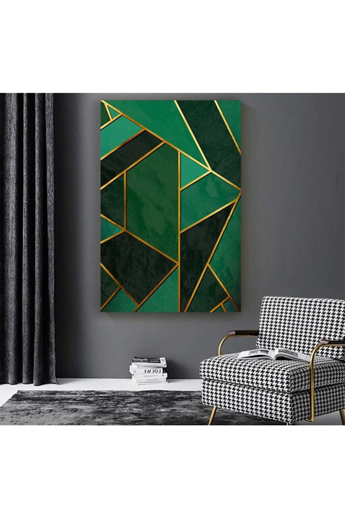 Altın Rengi Yaldızlı Yeşil Simetrik Modern Kanvas Kanvas Canvas Tablo