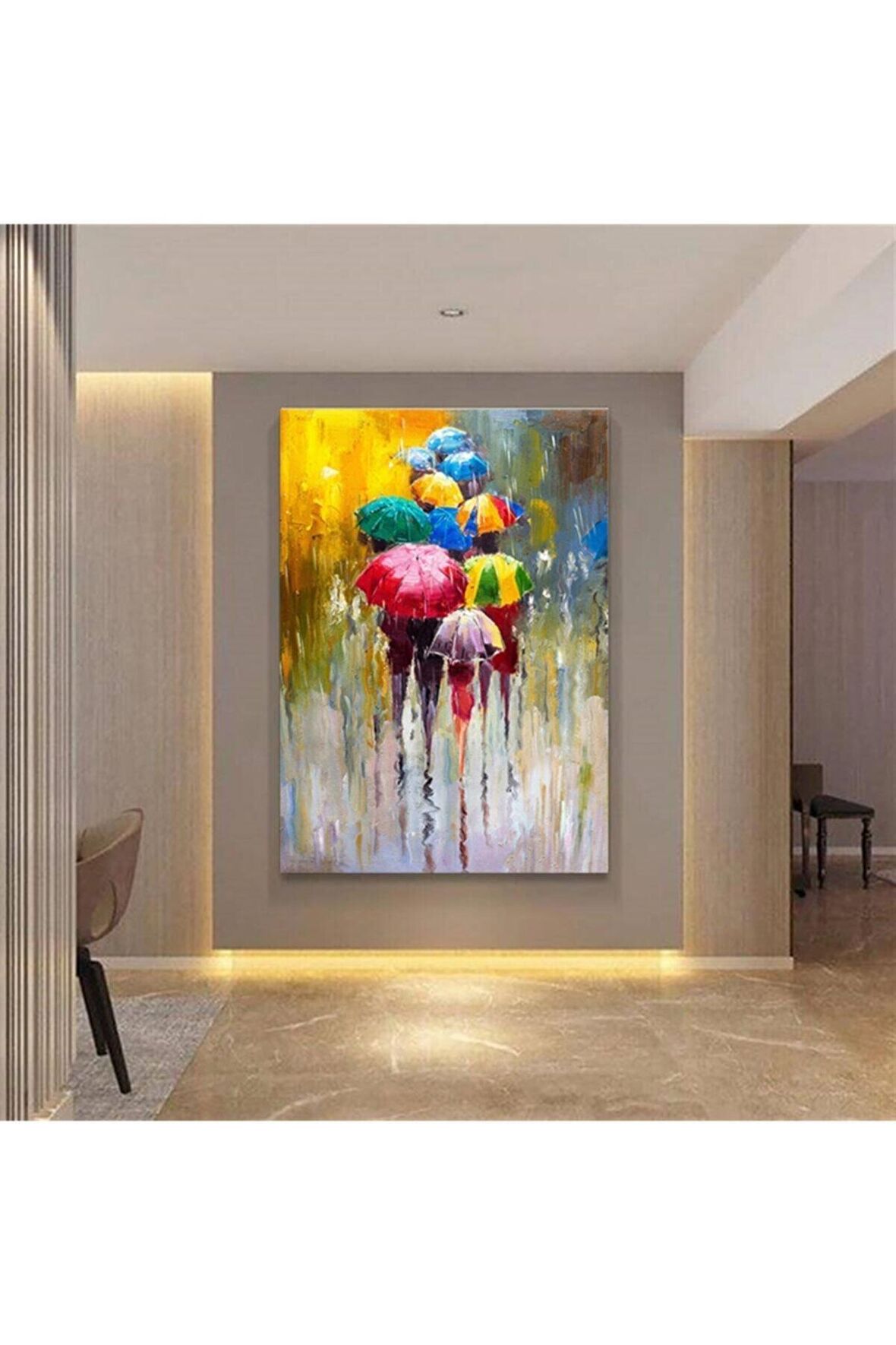 Yağlı Boya Görünümlü Yağmurda Renkli Şemsiyeler Ve Insanlar Kanvas Kanvas Canvas Tablo