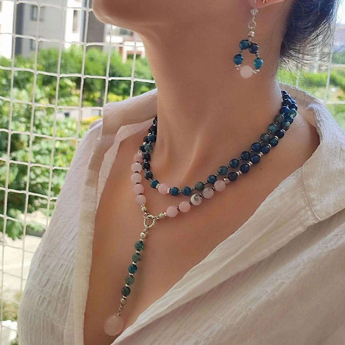 Pembe Kuvars Kolye, Sallantılı Kolye Küpe Set, Doğaltaş Pembe Kolye, Özel Tasarım Hediye, Kolye Küpe Seyt