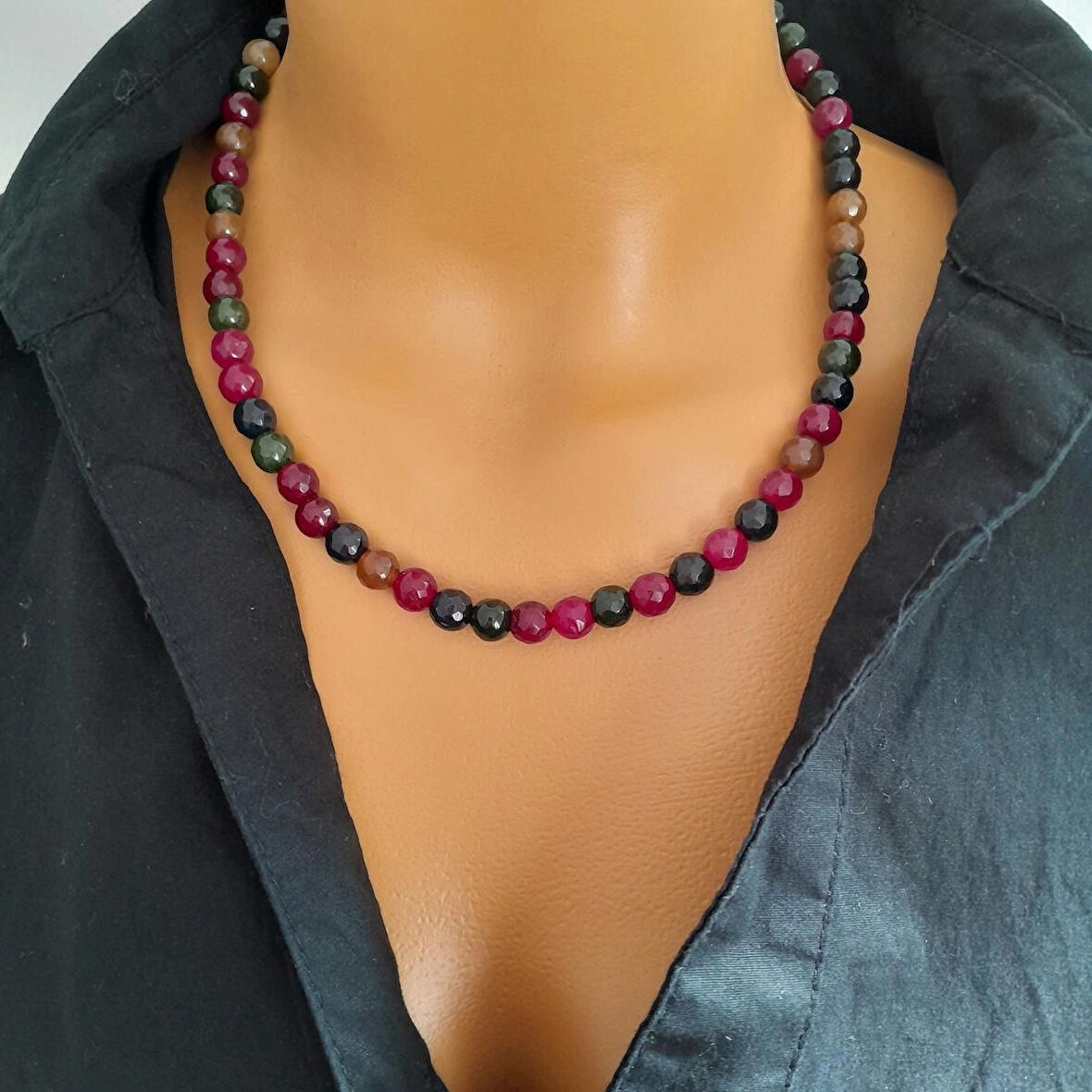 Renkli Doğal Taş Kolye Pembe Hardal Yeşil Mavi