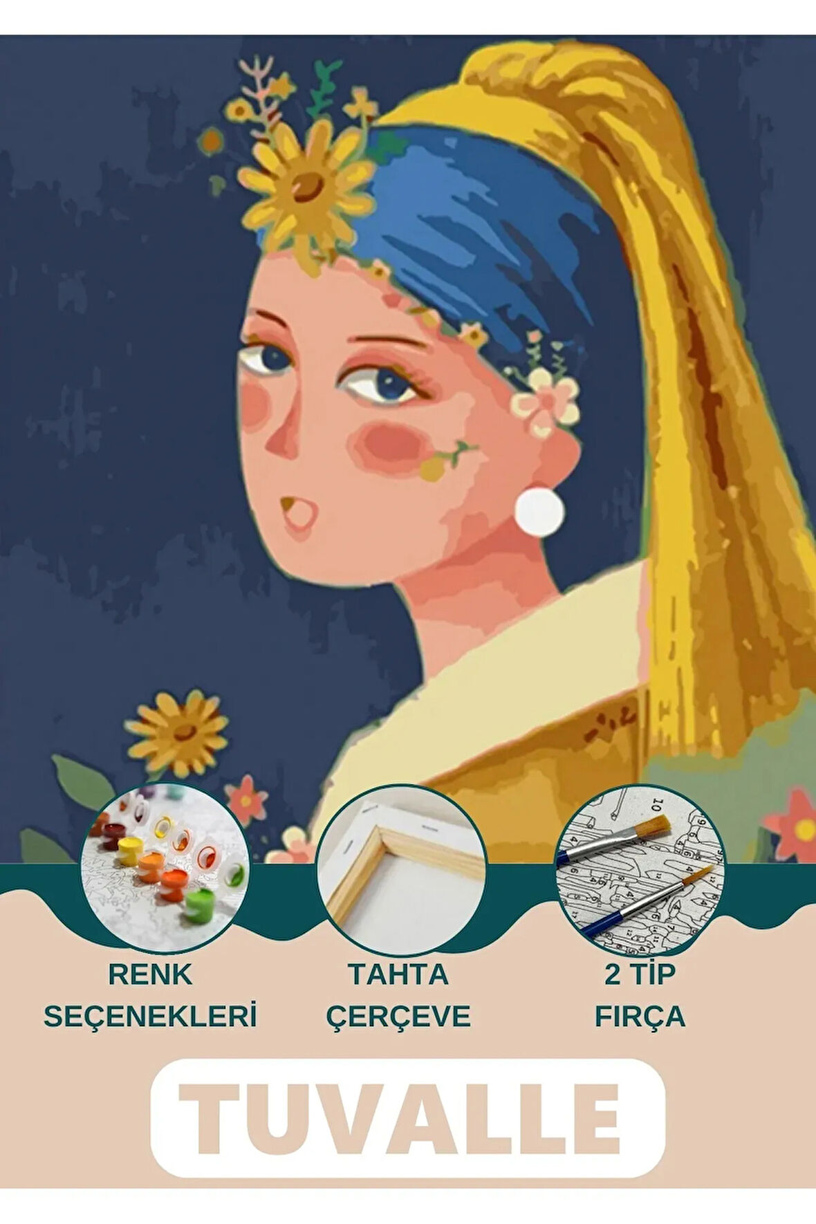 İnci Küpeli Kız Sayılarla Boyama Seti, Hobi Seti, 40x50 Tablo, Fırça Boya Asma Aparatı Dahil, Doğa
