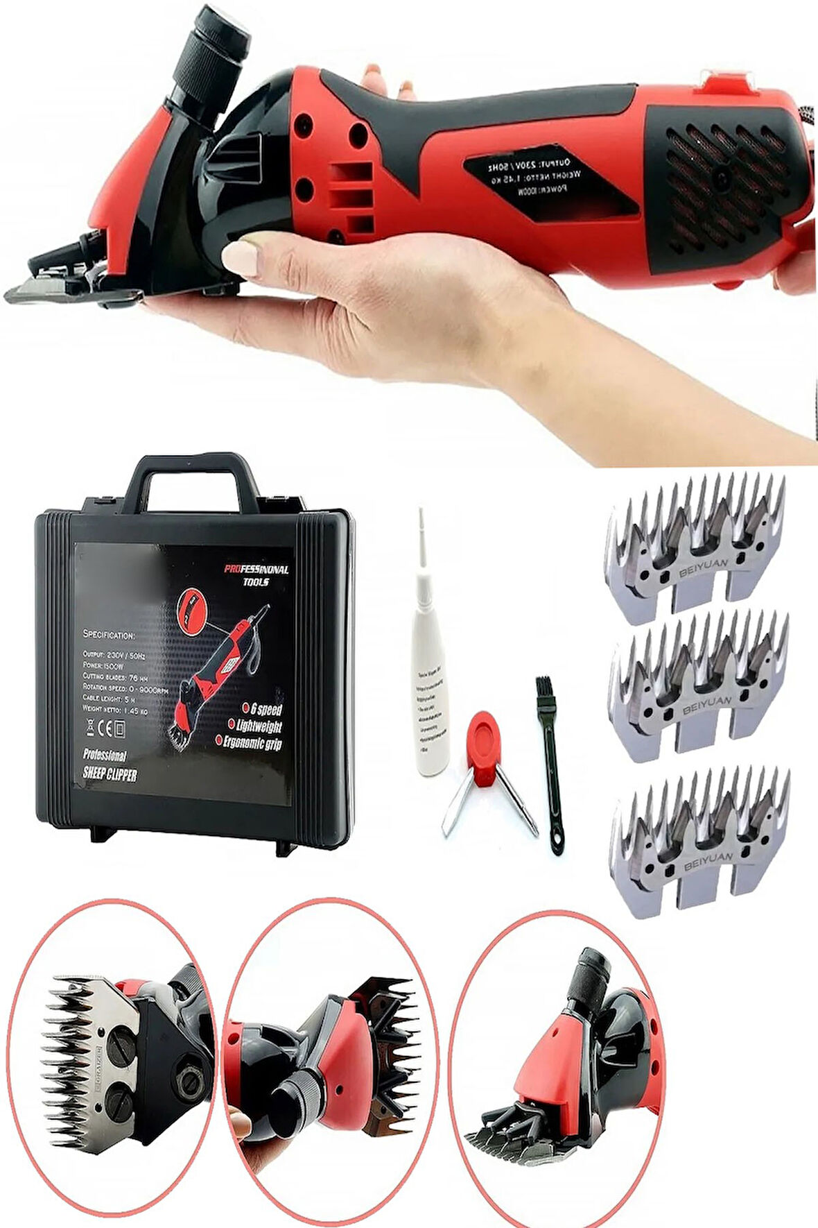 Alman Design 4600 Watt Çift Metal Şanzuman Koyun Keçi Kirkma Kirpma Makinesi 3 Takım Bıçak Hediyeli.