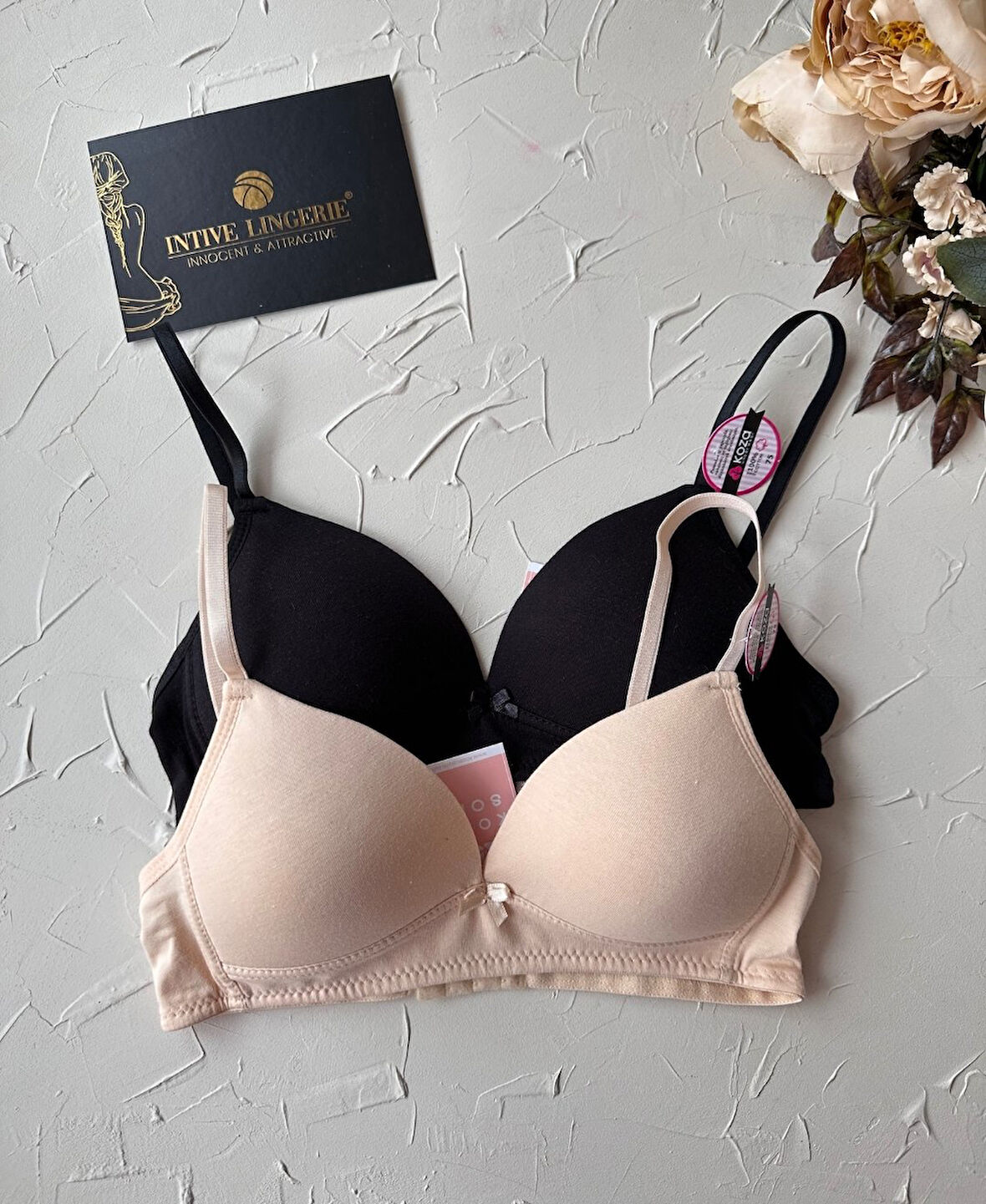 Koza %100 Pamuklu Balensiz İnce Askılı Genç Kız 2'li Alıştırma Sütyeni (Ten-Siyah/Melanj-Ekru)