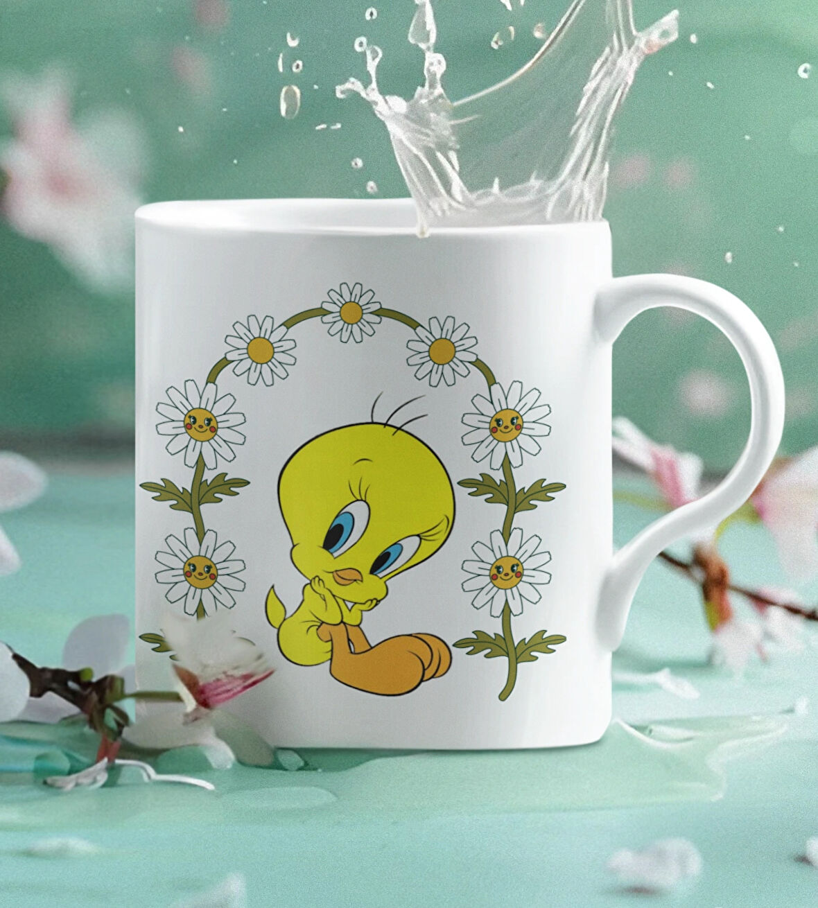 Tweety Papatya Çerçeveli Sevimli Kanarya Çizgi Karakter Hediyelik Baskılı Kupa Bardak