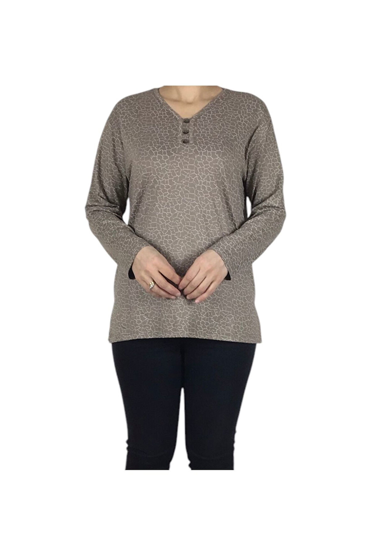 KADIN V YAKA CAM KIRIĞI DESENLİ LİKRALI PENYE BLUZ